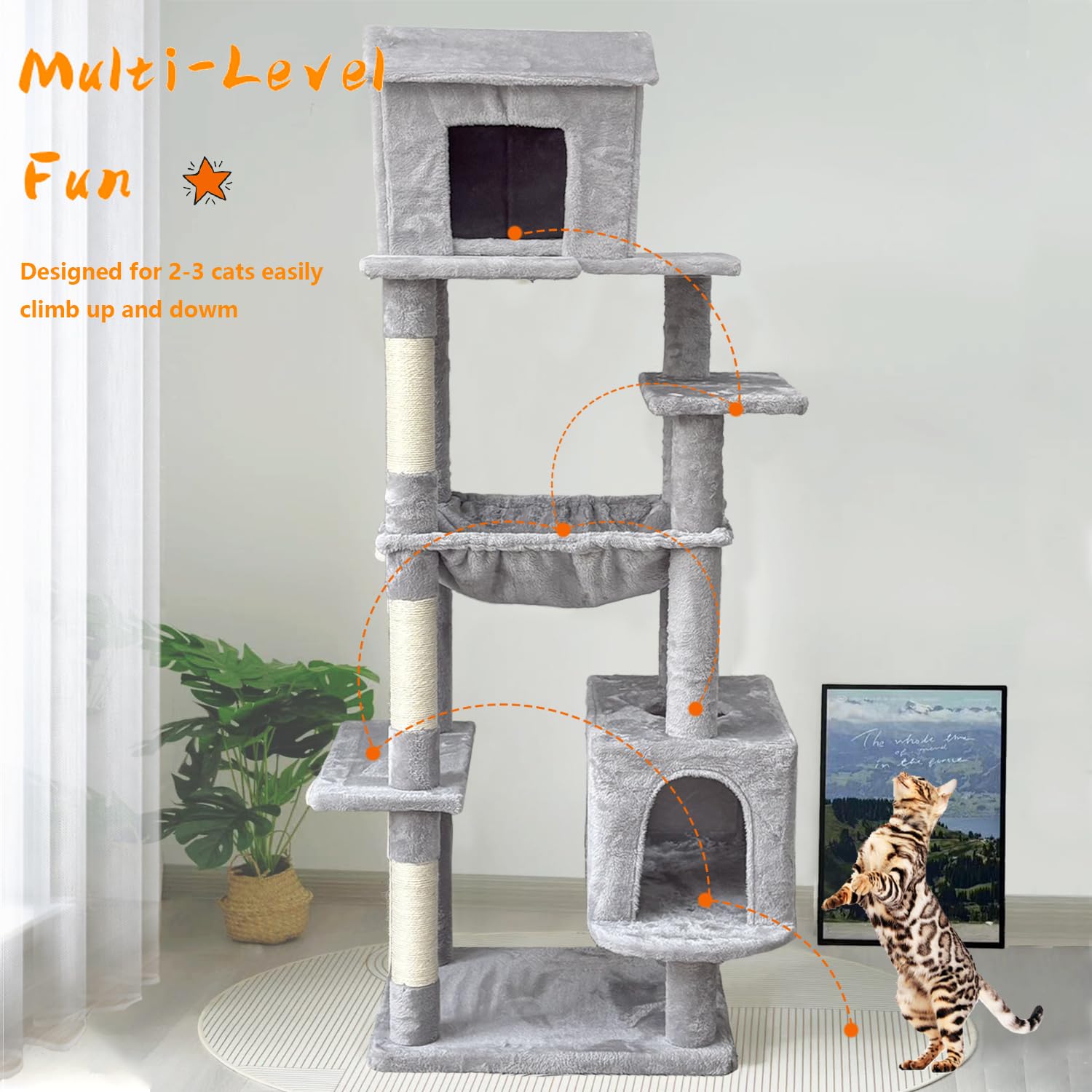 64 Inches Multi-Level Large Cat Tree Tower with Cat House for Indoor Cats/Cozy Perches/Cat Condo/Sisal Scratching Posts/Hammock/