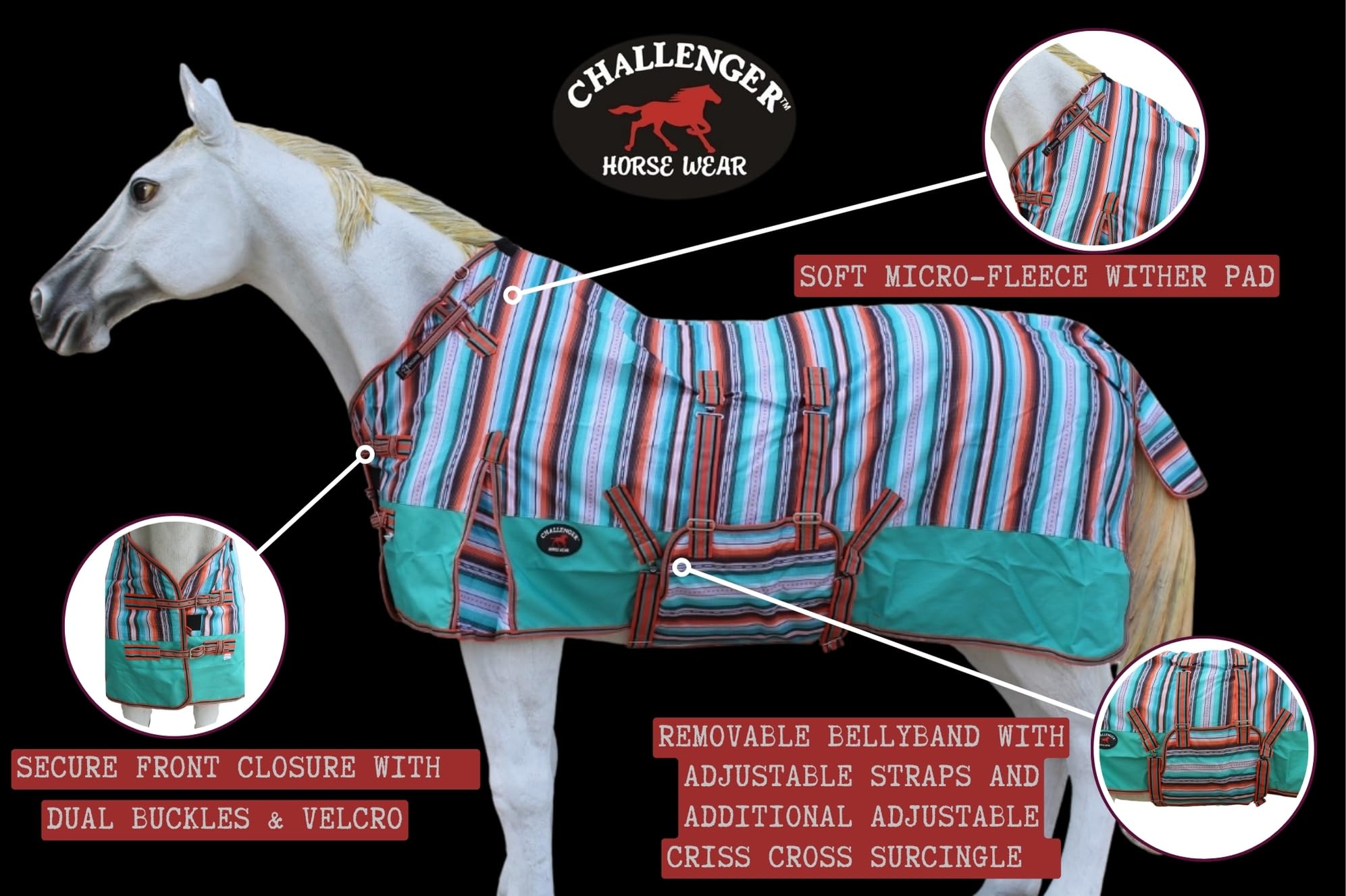 CHALLENGER 60" Lightweight Turnout Horse Sheet, Fleece Lining, Serape Turquoise, Model 399LG