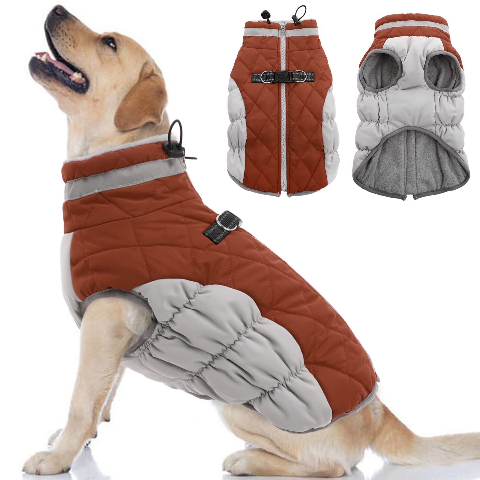 Ouobob Dog Winter Jacket Cozy Reflective Waterproof Dog Coat Windproof Warm Pet Garment, Comfortable Cold Weather Fleece Apparel Outfits With Zipper Closure For Small Medium Large Dogs Puppy Walking
