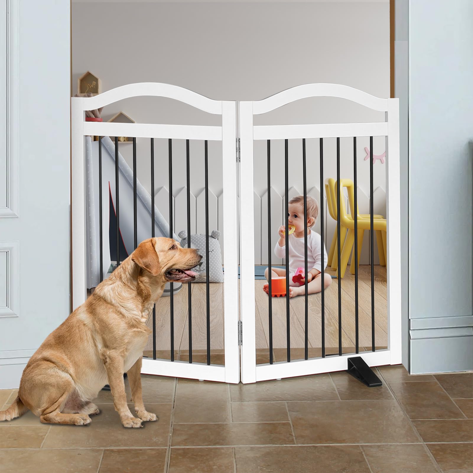 SFJC Foldable Freestanding Indoor Dog Gate for Doorways Wooden White Pet Gate for The House Dog Fence with Support Feet Included