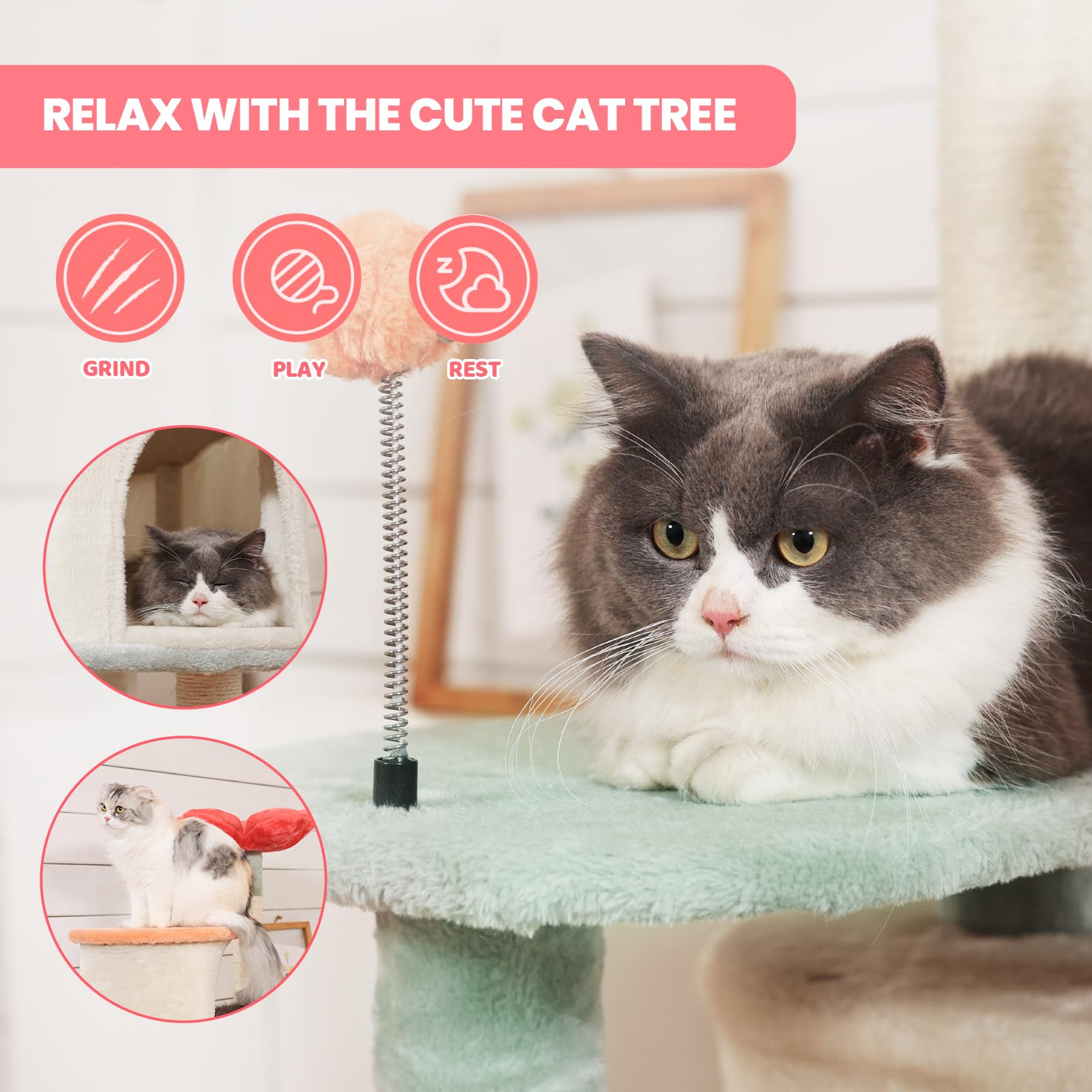 HYABI Cat Tree - 56.3in Multi-Level Flower Design, Foldable Beige Tower with Scratching Posts & Plush Condo for Large Cats - Model YS-22019