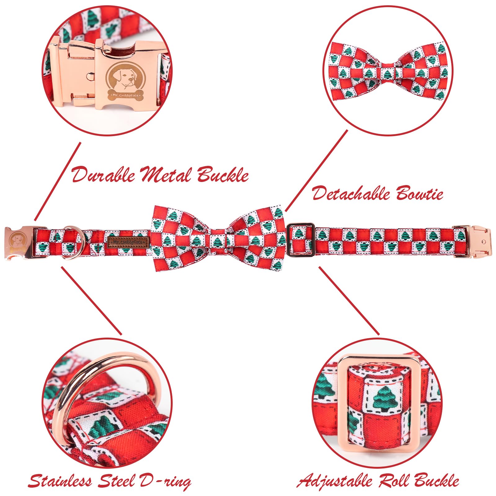 Mr. Chubbyface Christmas Squaretree Dog Collar With Bowtie, Cotton Boy Girl Dog Collars With Metal Buckle Cute Christmas Collars