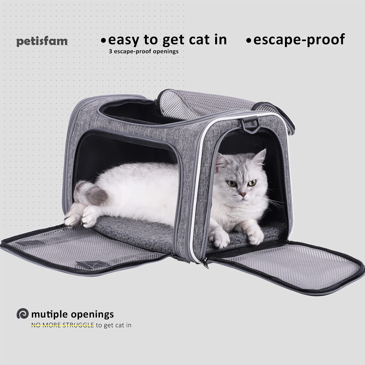 Petisfam Top Load Cat Carrier Bag For Medium Cats And Small Dogs. Airline Approved, Collapsible, Escape Proof And Auto-Safe. Eas