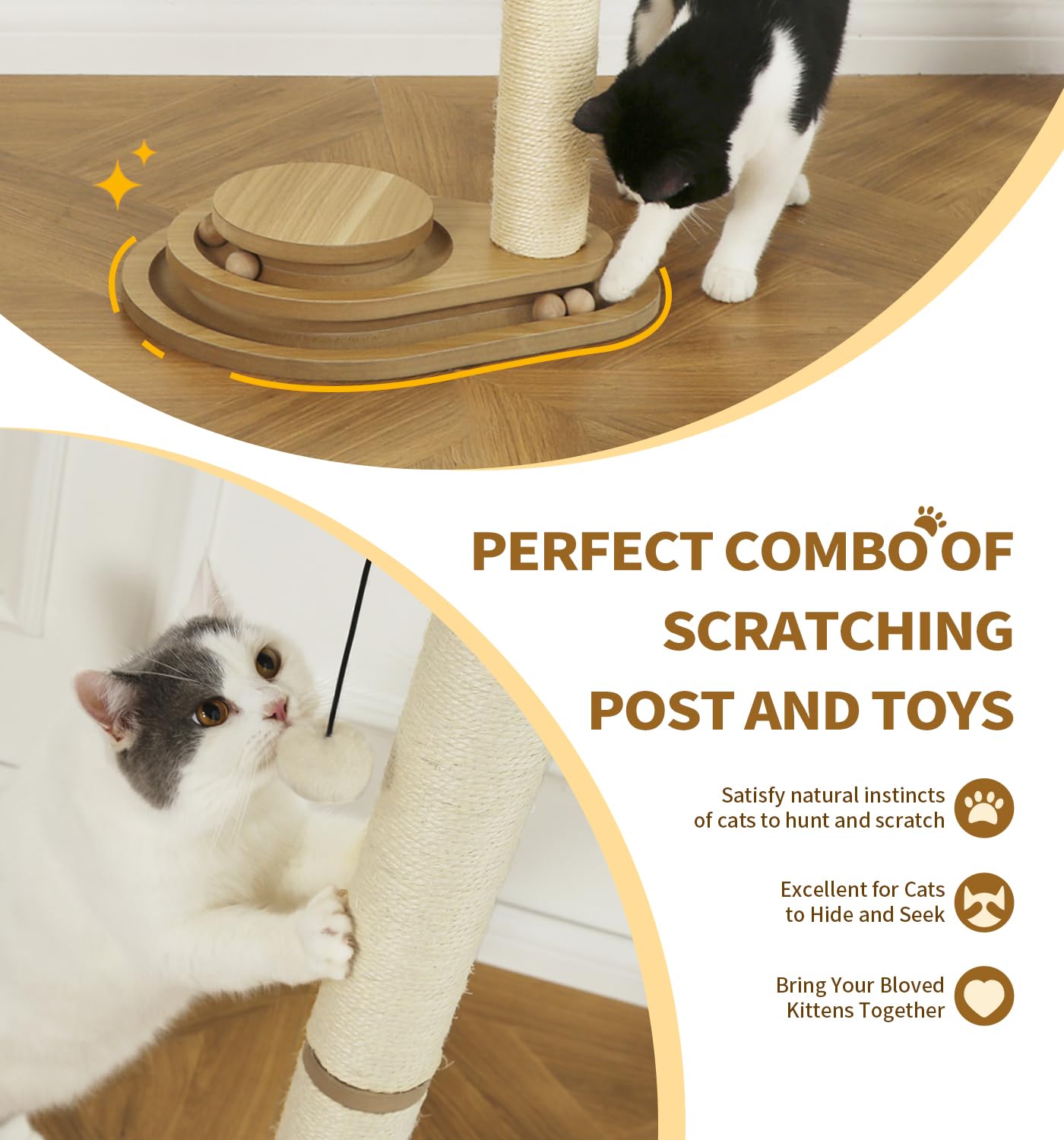 Made4Pets Cat Scratching Post Cat Scratcher Kitten Toys For Indoor Cats Wooden Ball Track Two-Layer Modern Sisal 23.4' Tall Scr