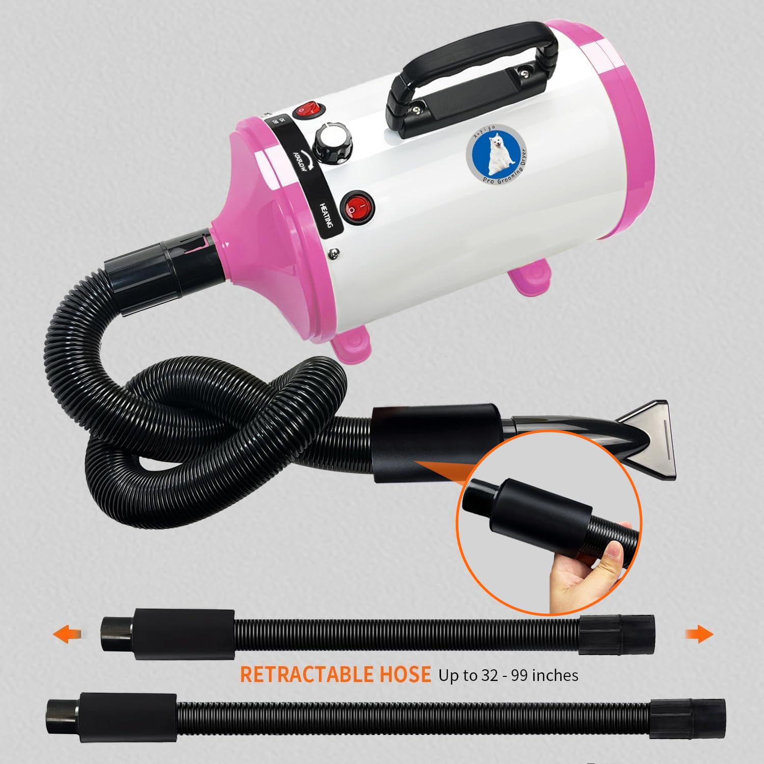 Xapigo High Velocity Dog Dryer - Adjustable Temperature & Speed, 4 Nozzles, White Pink, Model YC-001