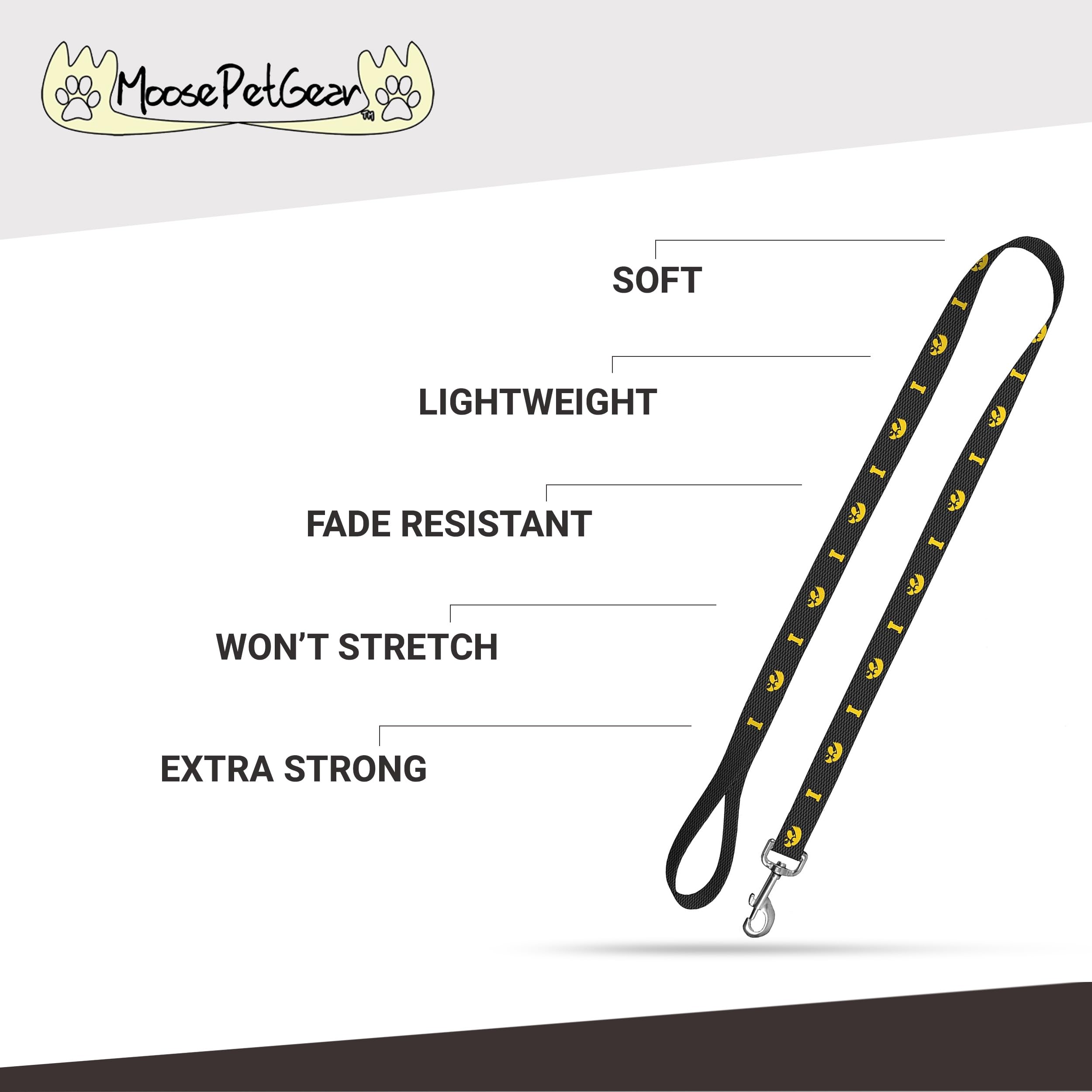 Moose Pet Wear Dog Leash - University of Iowa Hawkeyes Pet Leash, 1 Inch Wide x 6 Feet Long, Hawk on Carbon Fiber