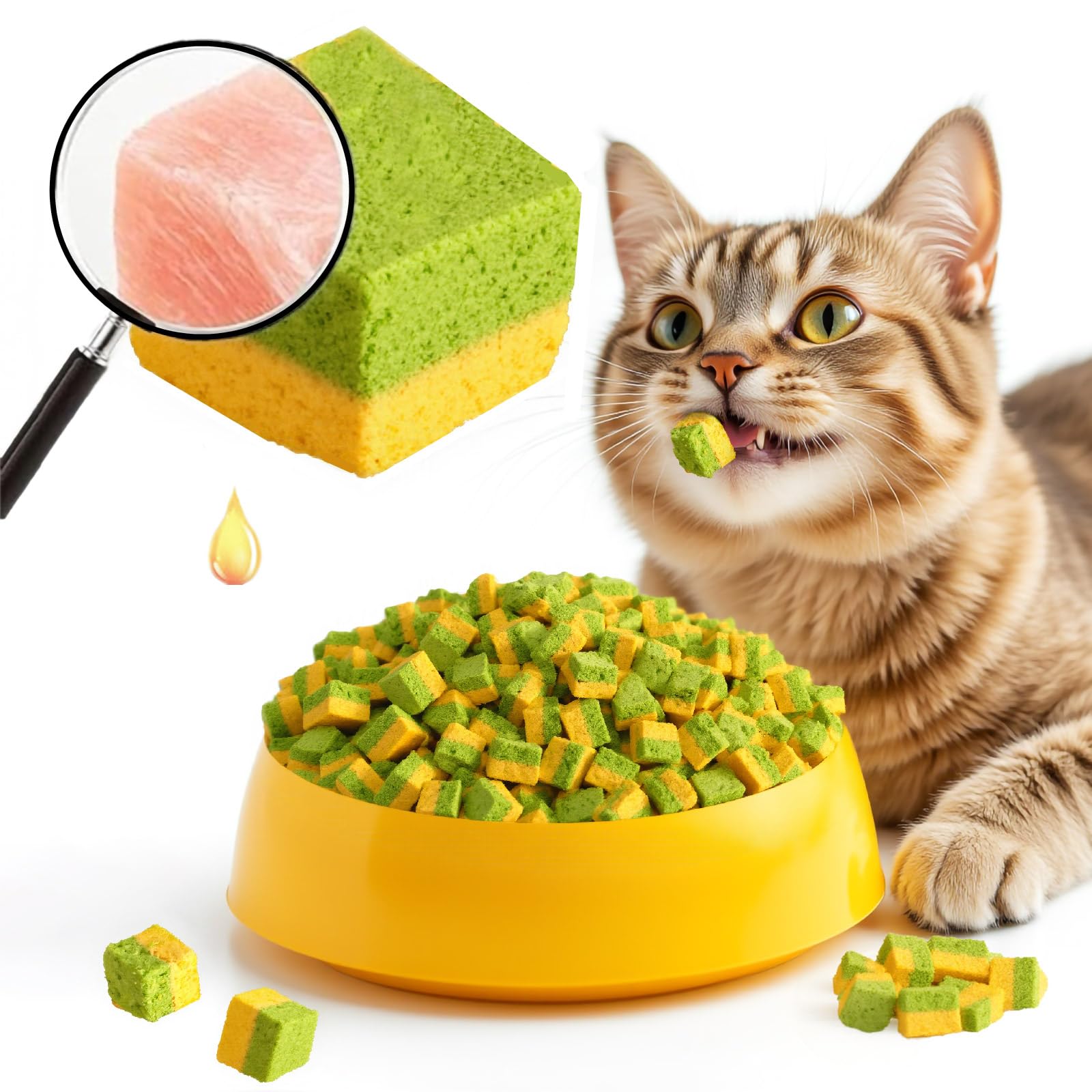 GREMBEB Cat Toy Grass Treats Freeze Dried 2 in 1 60g Fish Oil Chicken Cats Chew Grass Pellet Kitten Catnip for Hairball Removal 