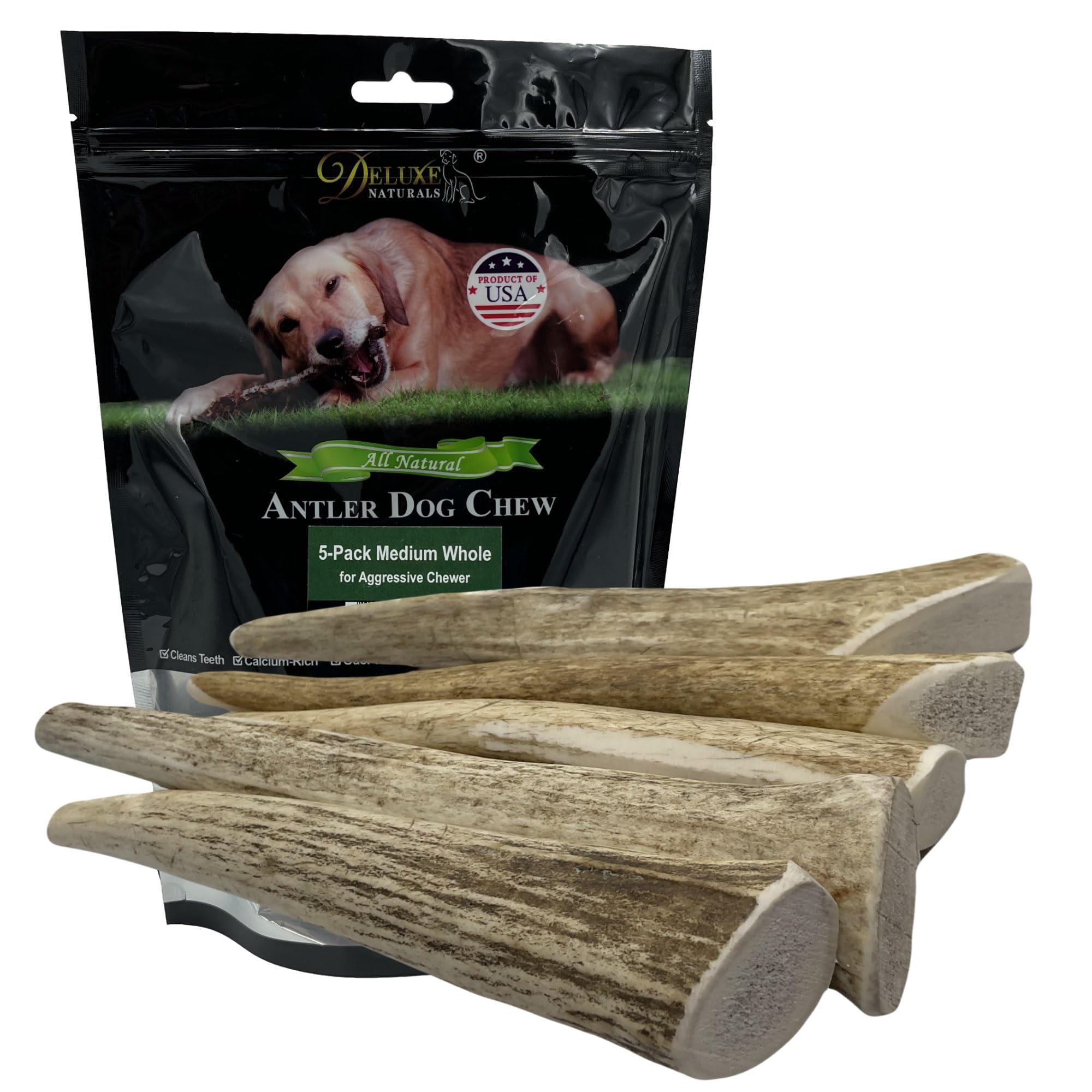 Deluxe Naturals 5-Pack Medium Whole Elk Antler Dog Chews, 5.5-8+ Inches, Long-Lasting Natural Dog Chews for Aggressive Chewers, 