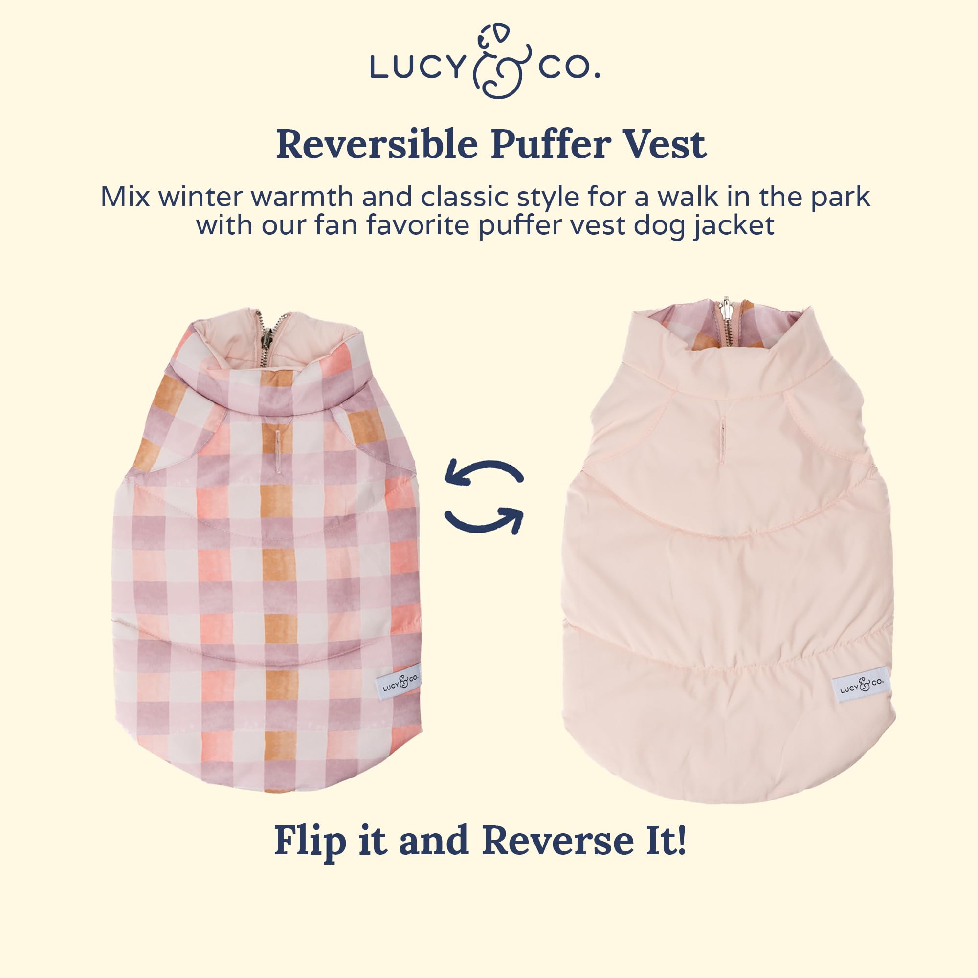 Lucy & Co. The Daisy Delight Reversible Puffer Vest (Pets) For Small Dogs, Medium Dogs And Large Dogs - Large - Pink Purple Tan