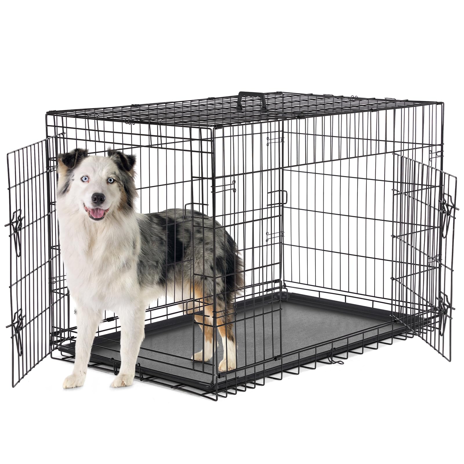 Sweetcrispy Dog Crate With Divider Panel, 42 Inch Double Door Folding Metal Wire Dog Cage With Plastic Leak-Proof Pan Tray, Larg