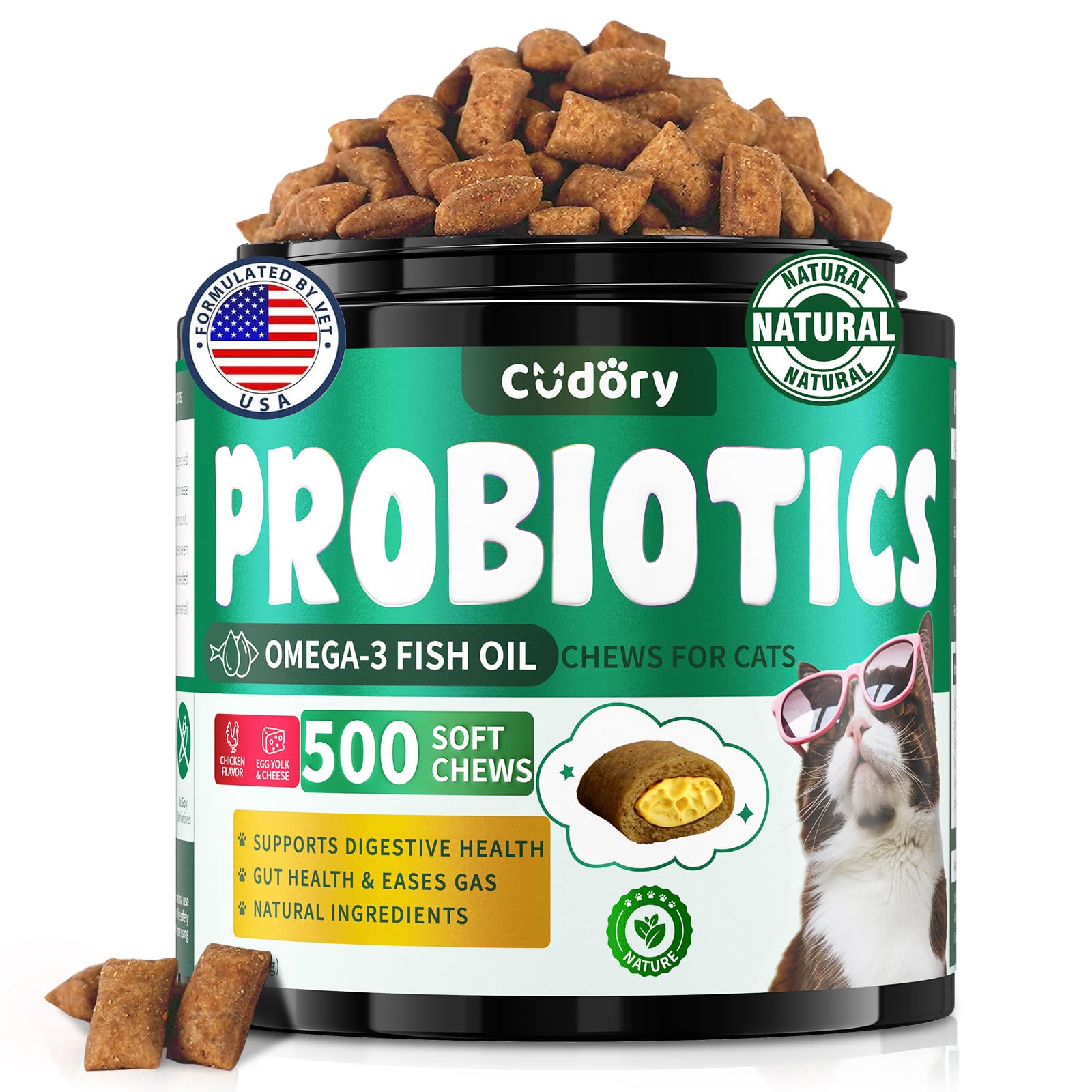 Cat Probiotics Treats for Digestive & Gut Support - 500 Crunchy & Creamy Cat Snacks - Cat Gut Health, Constipation Relief, Healt