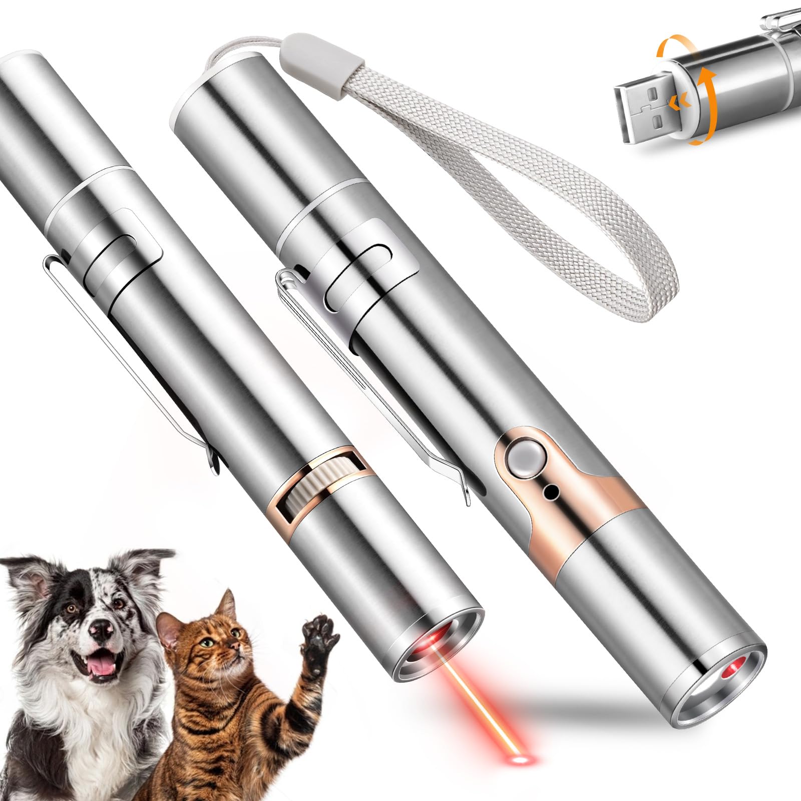 Koackl Cat Toy Pointer For Indoor 2 Pack, Usb Rechargeable Cat Toy, 3 Light Colors Cat Interactive Toys For Dogs, Cats, Pet Chas