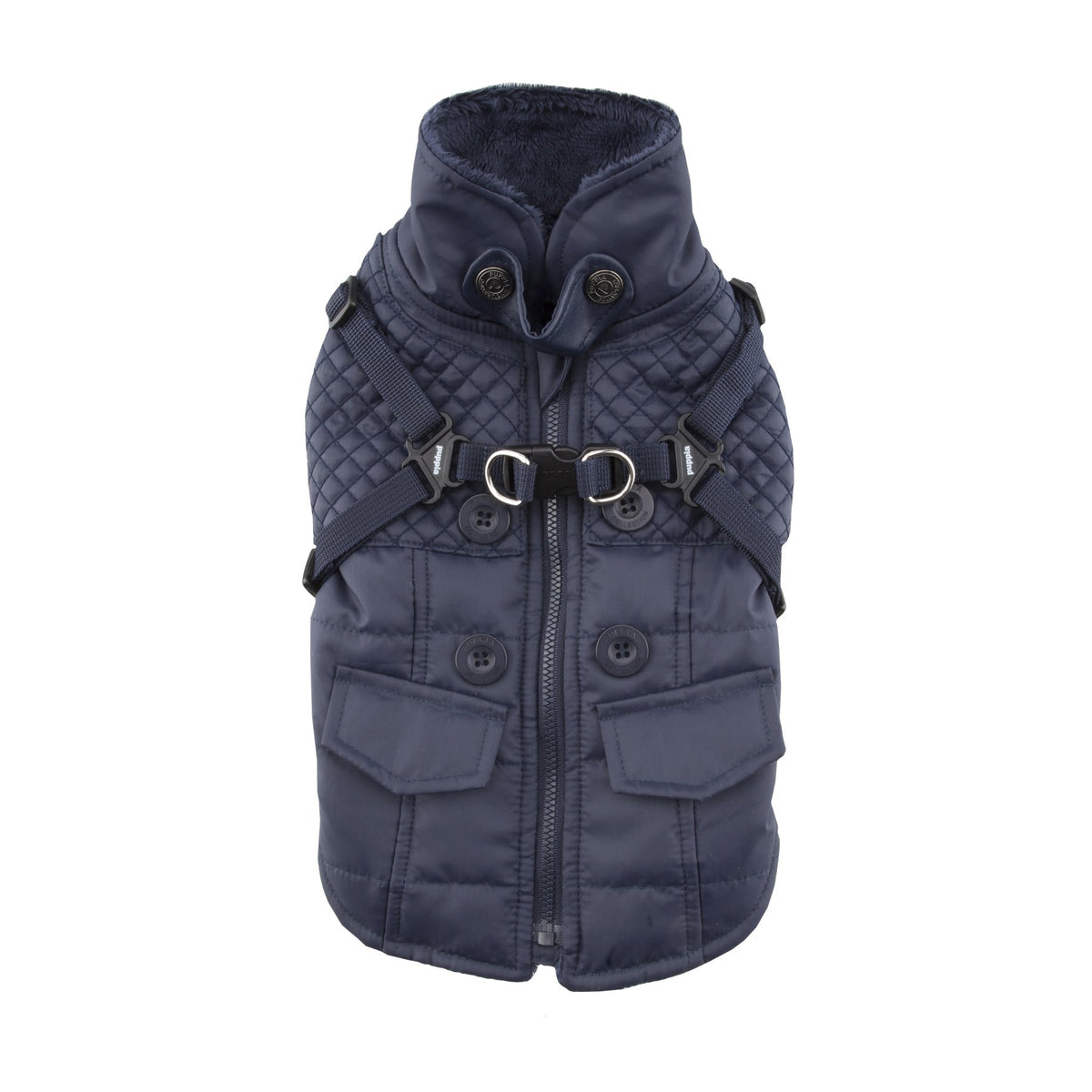 Puppia Wilkes Winter Dog Coat With Integrated Harness No Pull Cold Weather Waterproof Warm Fleece Back Zipper For Small & Medium Dog, Navy, Medium
