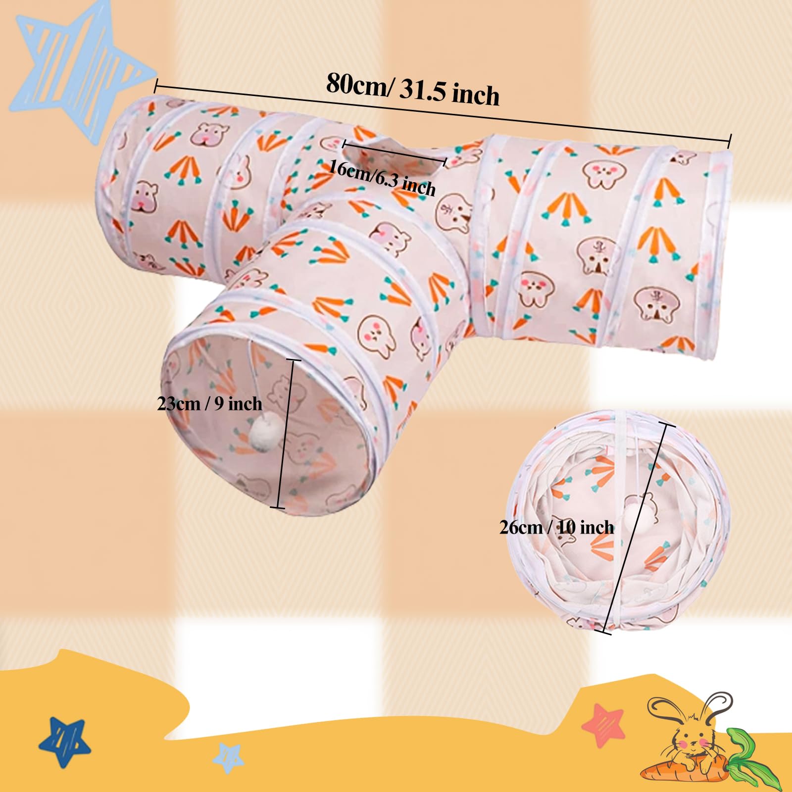 Mechpia Rabbit Toys, Bunny Tunnel & Tubes with Chew Toys for Grinding Teeth Apple Sticks Bamboo Carrot Loofah and Grass Ball for