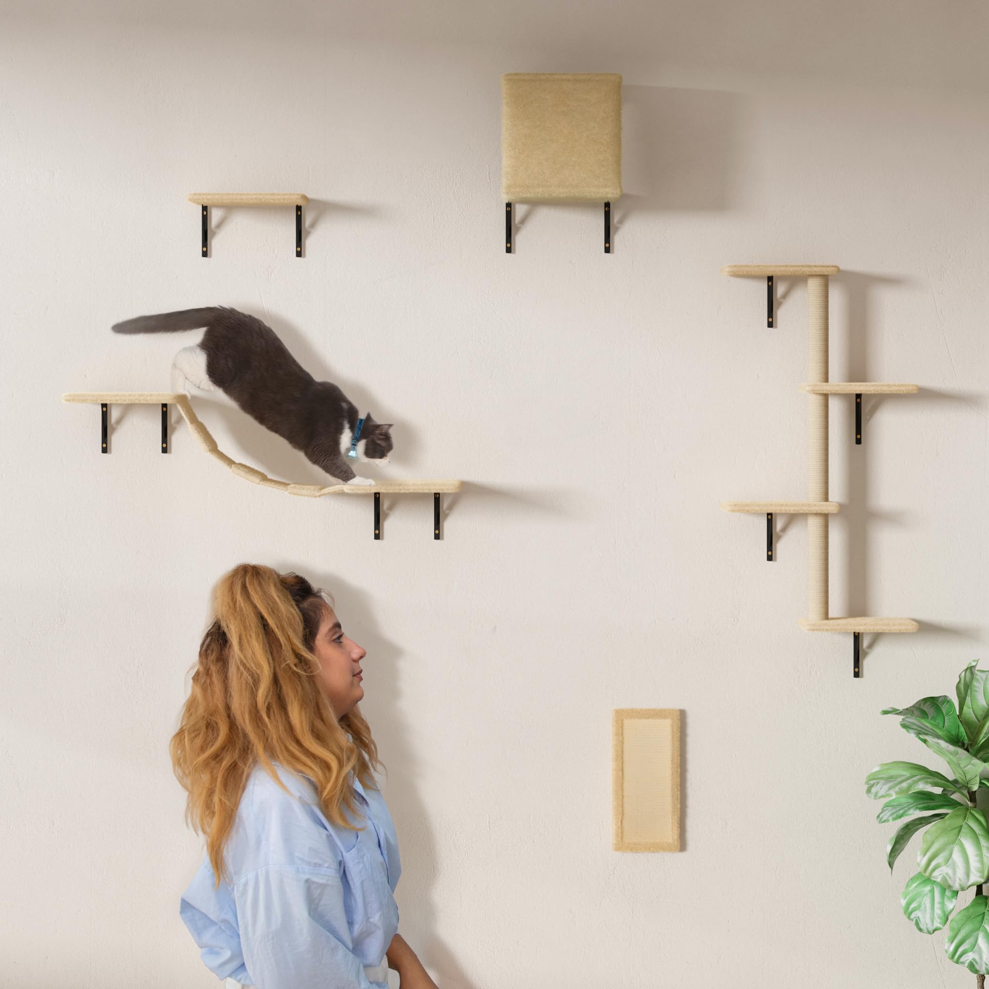 COZIWOW Cat Wall Shelves and Mounted Perches, Climber Set with 5pcs Including Cat Scratching Post, Hanging Bed, House, Steps, Tr