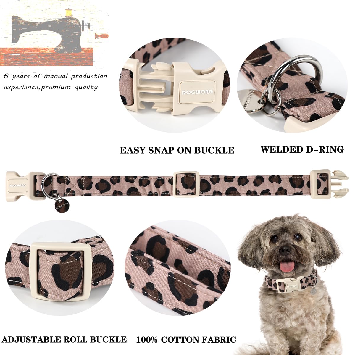 Dogwong Cotton Dog Collar, Leopard Print, Soft & Comfortable, Durable Plastic Buckle, Perfect For Small Dogs