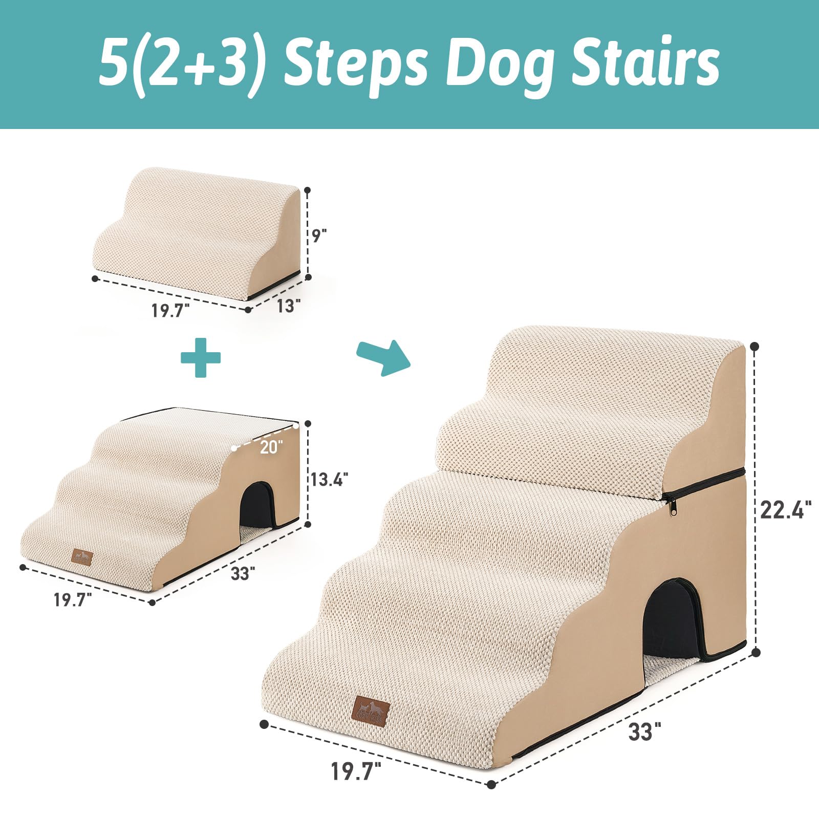 COZY KISS Wide Dog Stairs for Bed with Tunnel 19.7 Width, Foam Detachable Large Dog Step for Small Dog, Puppy or Cats, Medium Pe