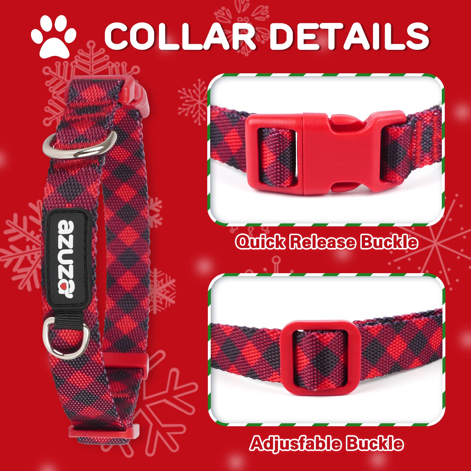 Azuza 3 Pack Christmas Nylon Dog Collars Buffalo Check Durable And Comfortable Dog Collars With Id Tag Ring Adjustable For Large Dogs, L (18-26Inch)