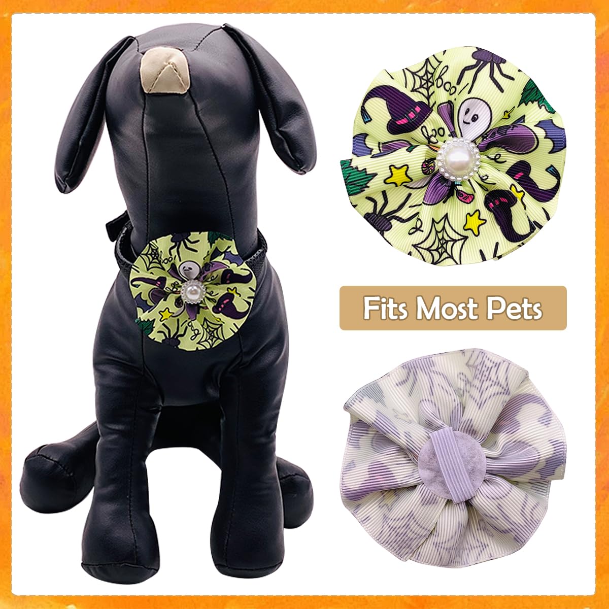 JpGdn 12pcs Halloween Dog Collar Flowers Bows Attachment Sliding for Medium Large XL Puppy Cats Rabbit Party Holiday Grooming Co