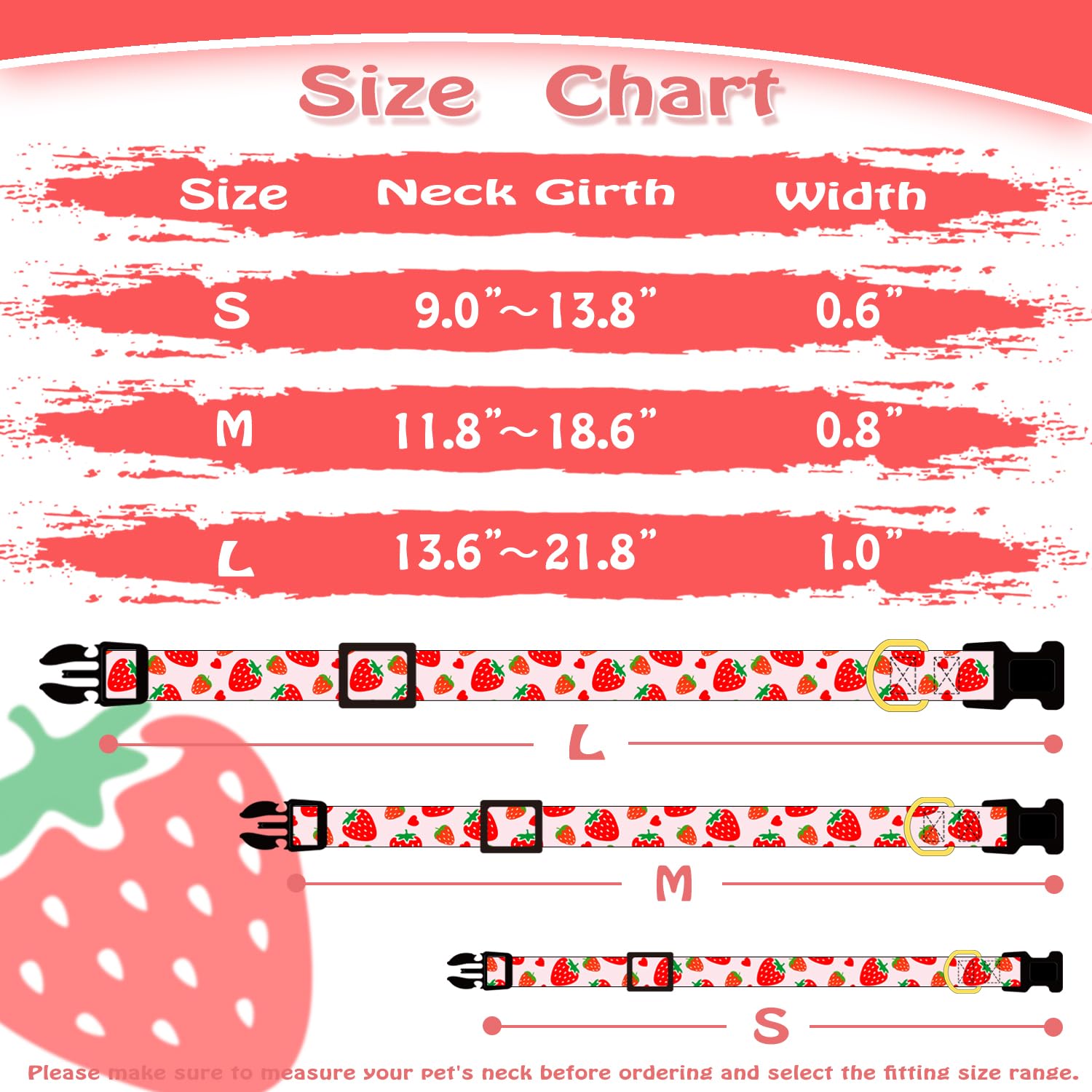 Prehai Cute Cotton Dog Collar For Small Medium Large Dogs Special Design Cute Pink Strawberry With Pendant For Girl Female Dogs