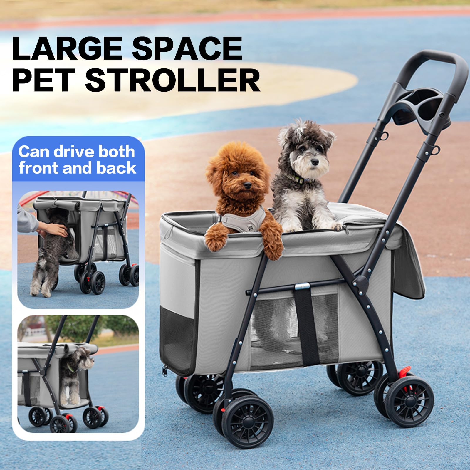 Pet Stroller Cat Dog Stroller Travel Folding Pet Carriers(Gray)