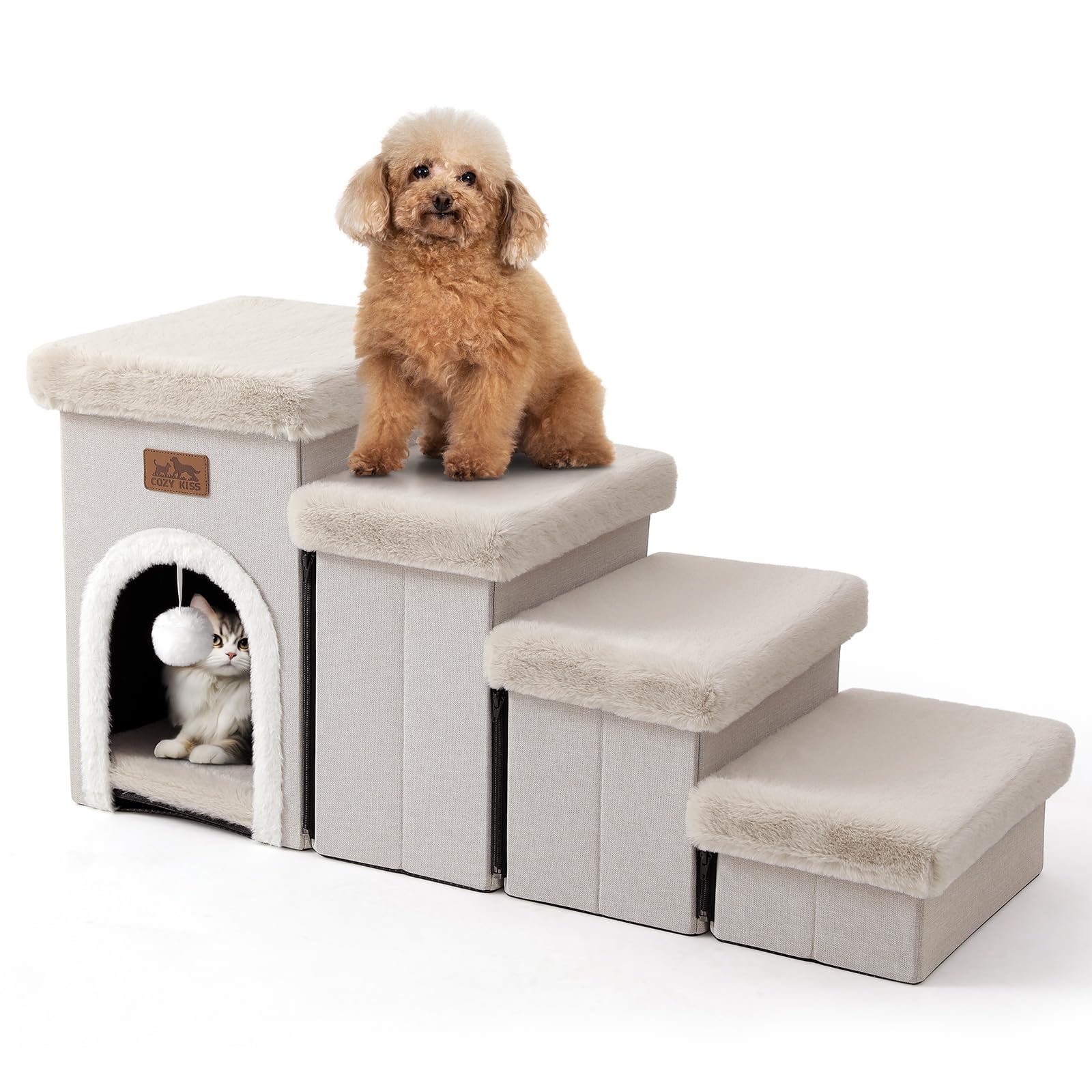 COZY KISS Dog Stairs for Small Dogs with Storage and Condo, 17.5'' H Foldable Pet Stairs for Small Medium or Puppy Dogs and Olde
