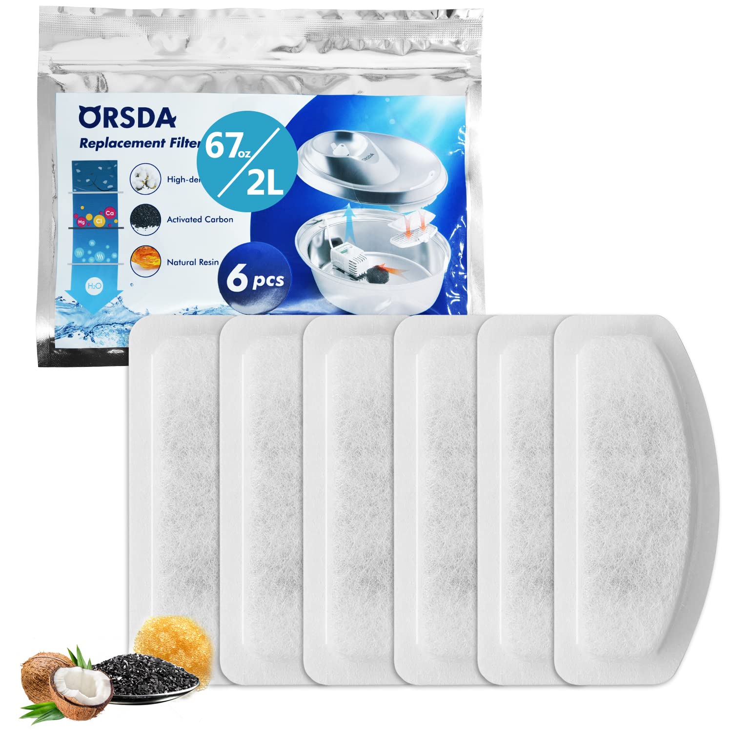 Orsda Cat Water Fountain Filters, Replacement Carbon, Resin Filters For D30 67Oz/2L Automatic Pet Fountain Cat Water Fountain Dog Water Dispenser, 3 Triple Filtration System(6Pcs 67Oz/2L Filters)