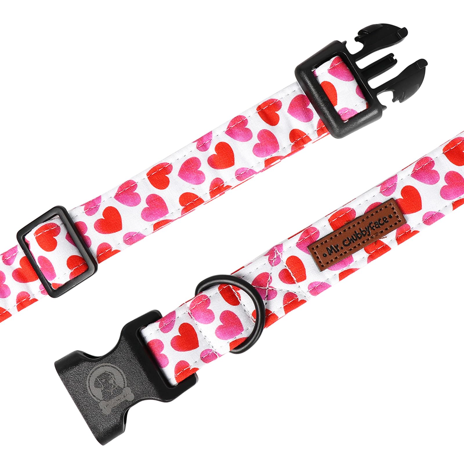 Mr. Chubbyface Valentines Dog Collar,Cute White Heart Cotton Dog Collars, Adjustable Valentine Girl Female Male Pet Collars With