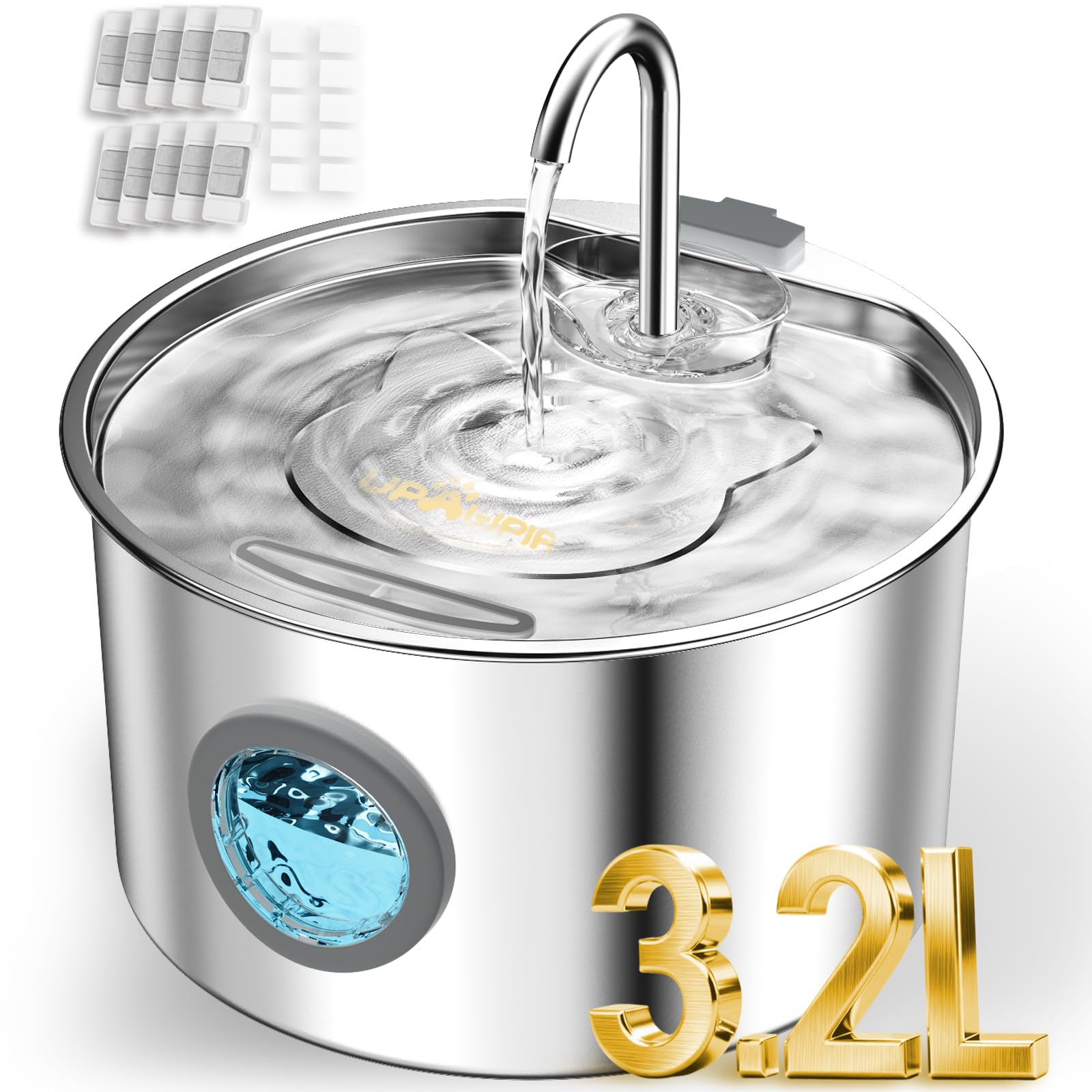 UPAWPIA 3.2L Cat Water Fountain Stainless Steel with 20 Filters Automatic Pet Water Fountain for Cats/Dogs Indoor Ultra Quiet Me