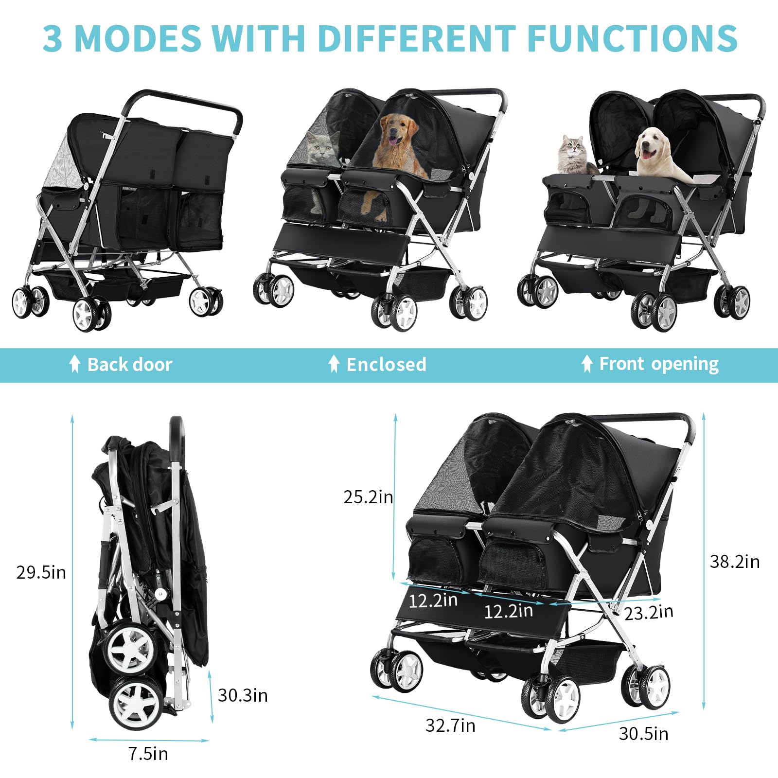 Double Pet Stroller, Foldable Stroller For 2 Dogs & Cats, Two-Seater Carrier Twin Dog Walk Jogger Travel Pet Carriage Cart With