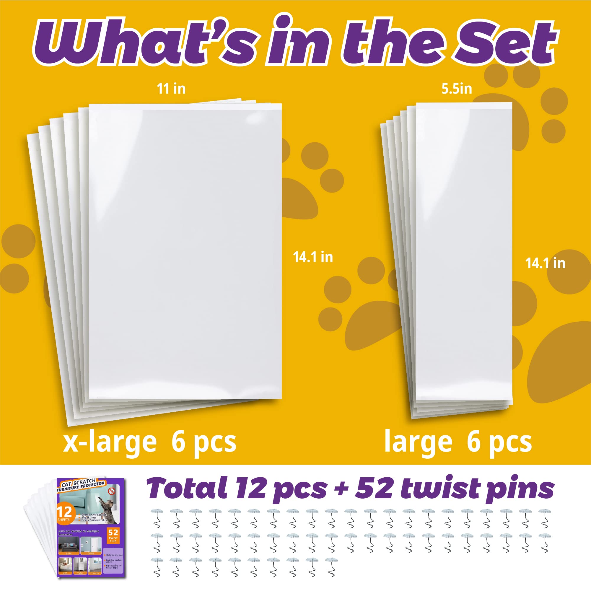 Anti Cat Scratch Furniture Protector-12 Pack Single Side Couch Protector For Cats, Self-Adhesive Cat Tape For Furniture, Clear Cat Scratch Deterrent For Furniture Door Walls (12P+52 Pins)