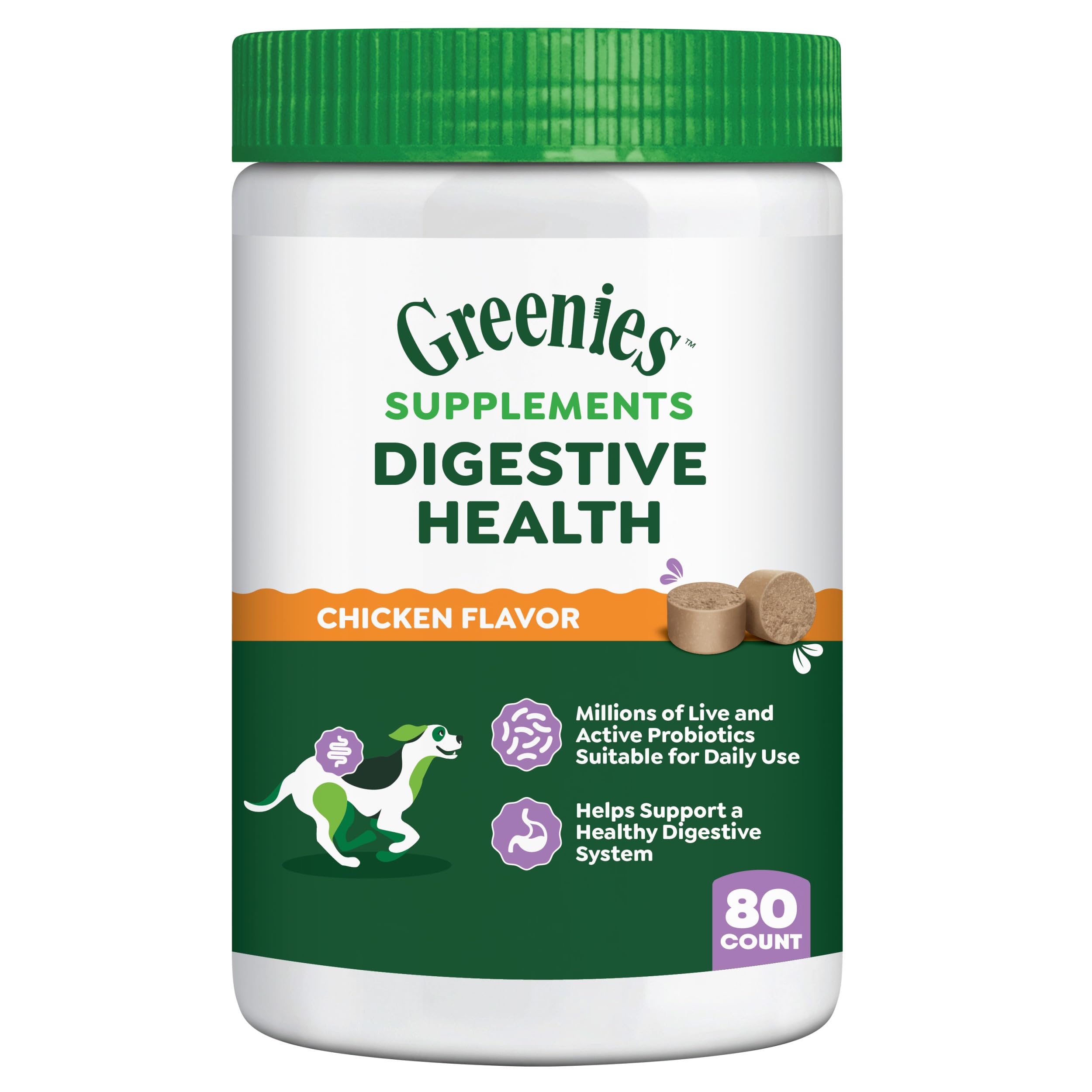 Greenies Supplements Digestive Health Probiotics for Dogs Chicken Flavor, 15.6 oz. Tub of 80 ct.