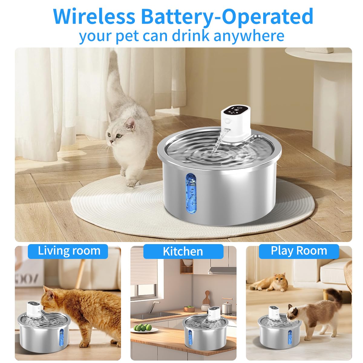 Stainless Steel Wireless Cat Water Fountain 3.2L/108Oz Automatic Cat Water Dispenser 4000Mah Battery Operated Large Capacity Pet