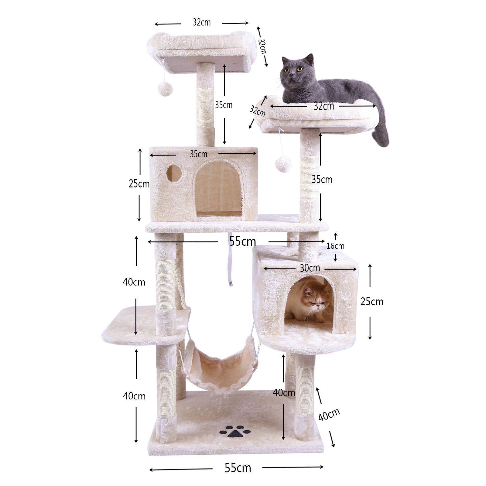 Hey-Brother Large Multi-Level Cat Tree Condo Furniture With Sisal-Covered Scratching Posts, 2 Bigger Plush Condos, Perch Hammock For Kittens, Cats And Pets Beige Mpj020M
