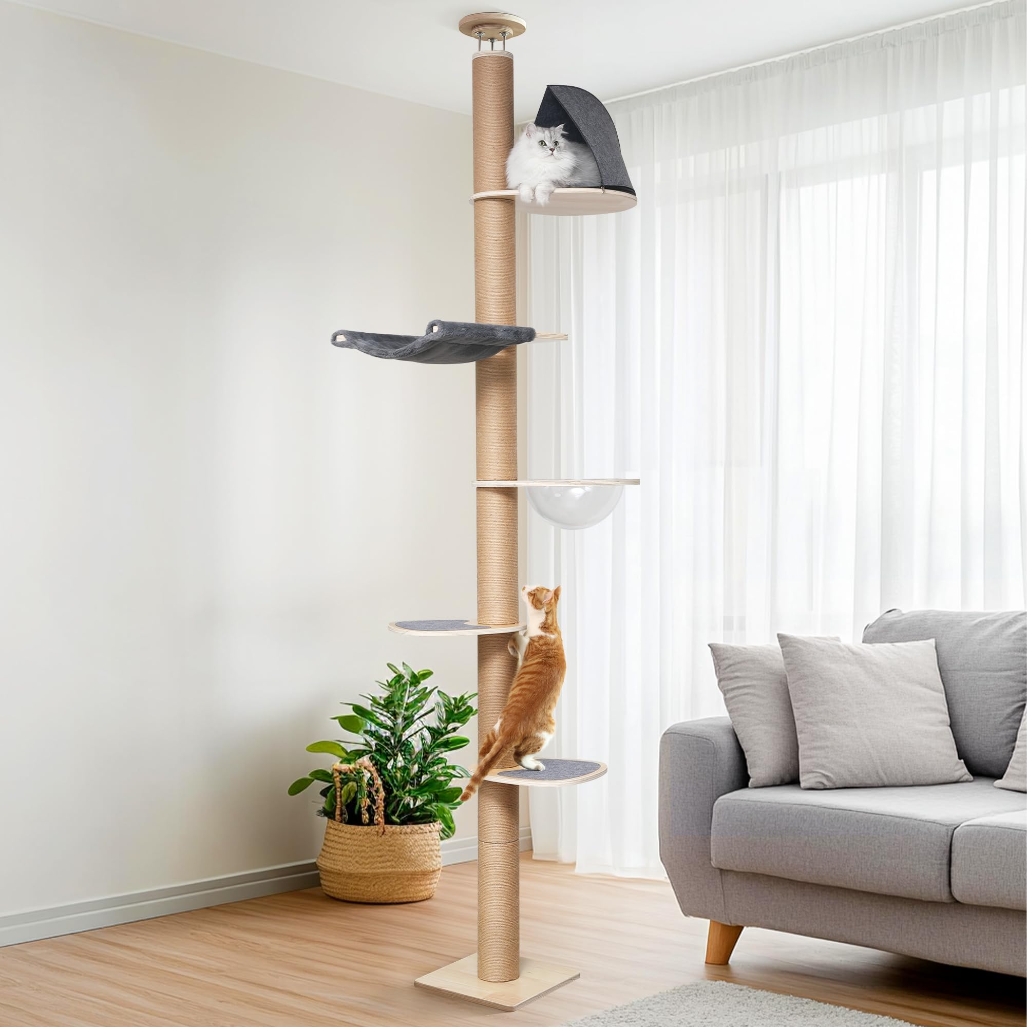 Fukumaru Floor To Ceiling Cat Tree, 6 Level Adjustable Height (5.7-9.8 Ft) Climbing Tower With Thickened Scratching Posts, Cats 
