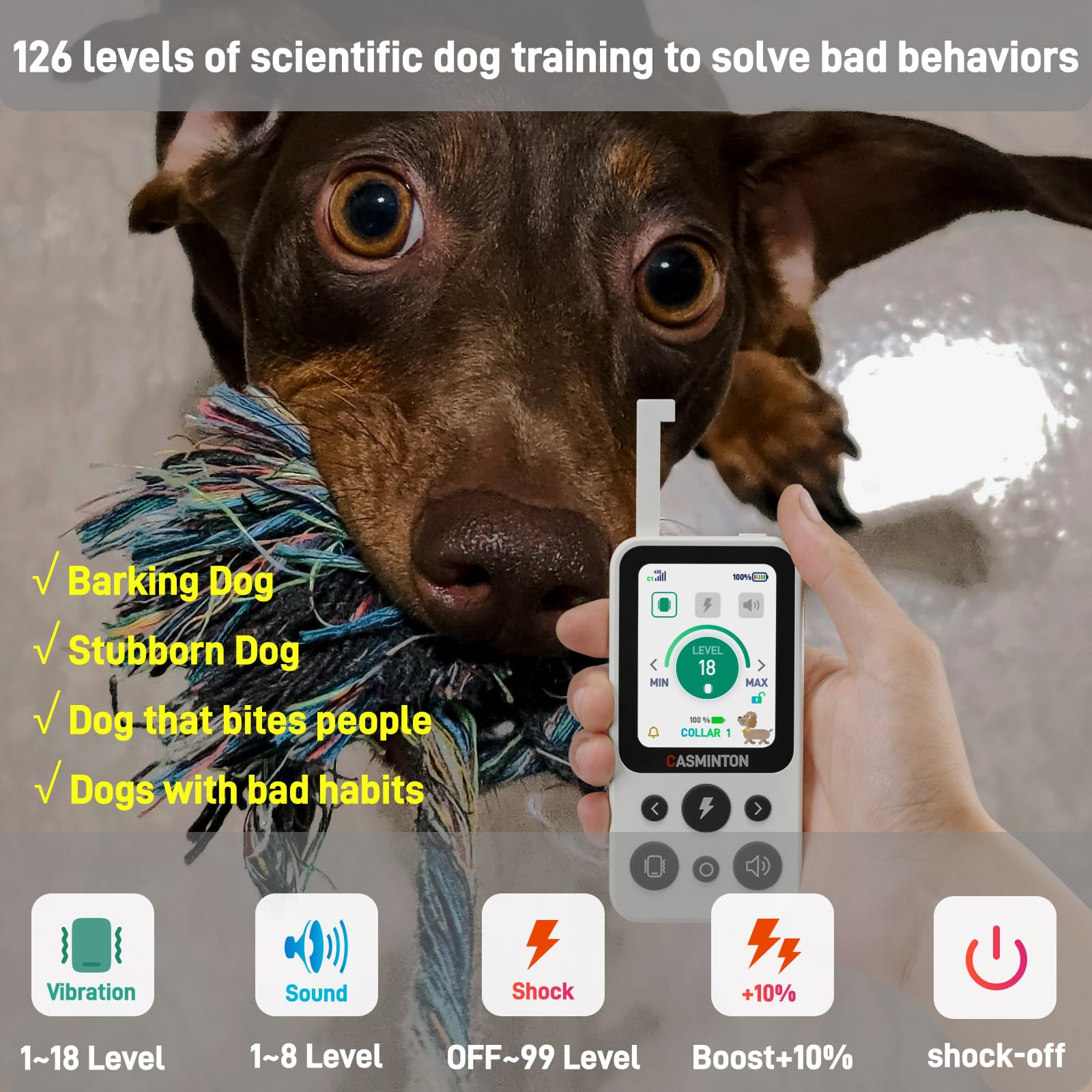 Casminton Premium Dog Training Collar With Remote - Rechargeable, Waterproof,Shock Off Mode,Beep/Vibration/Shock Modes, Adjustab