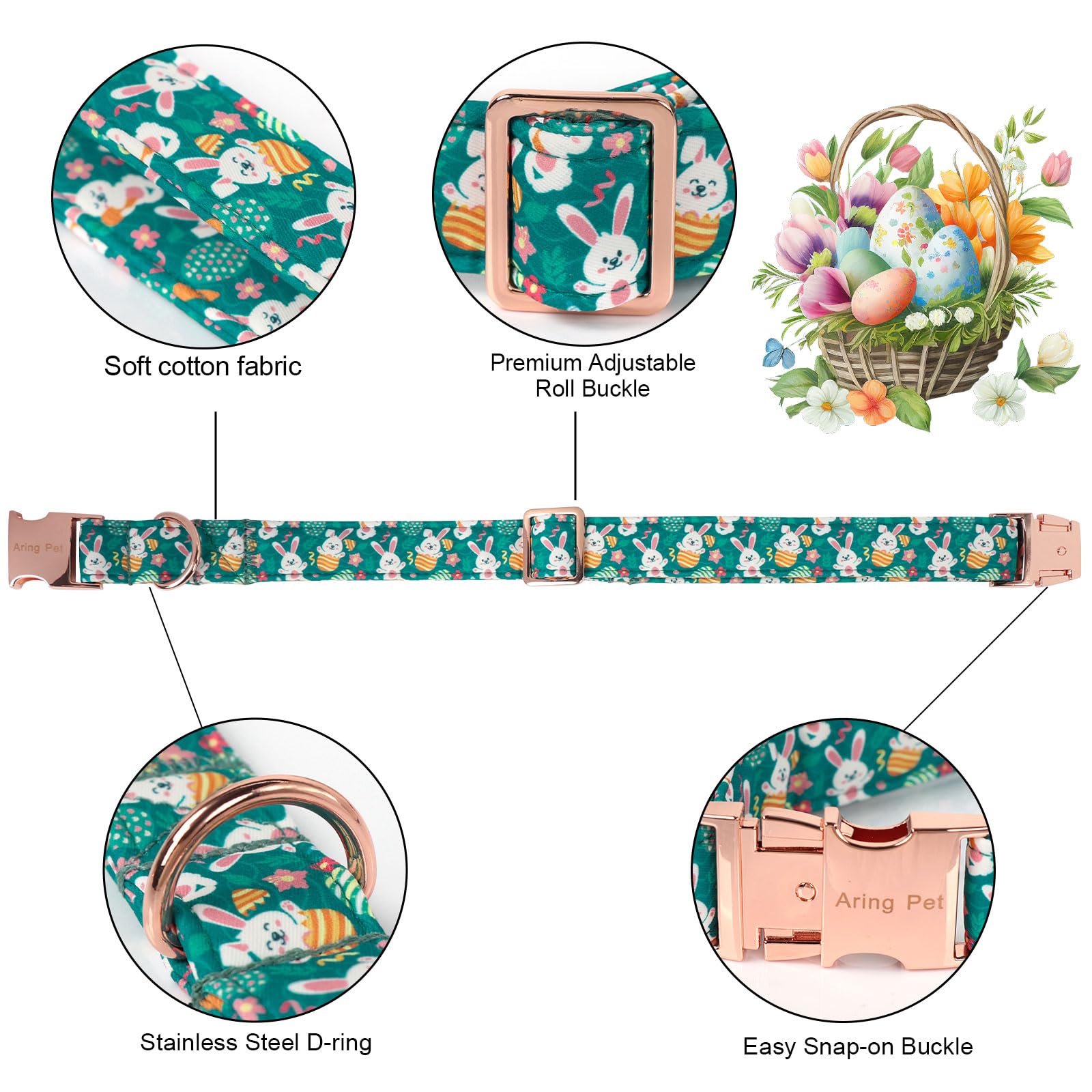 Aring Pet Easter Dog Collar-Cute Green Easter Eggs Dog Collar With Bow, Adjustable Carrot&Rabbit Bowtie Dog Collars Pet Necklace
