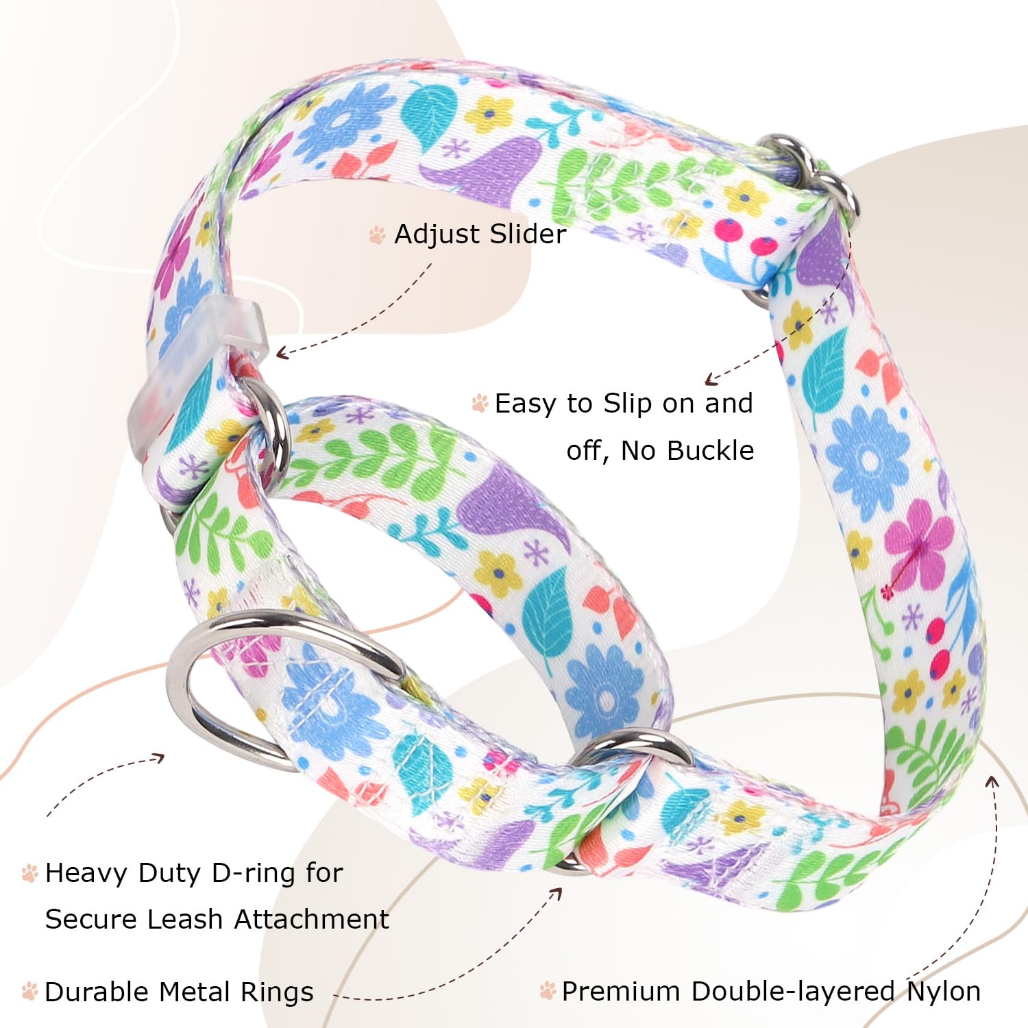 Martingale Collar For Dogs With Green Flowers Patterns For Boy & Girl Dogs, Adjustable Premium No Slip Collar, Floral Design Dog