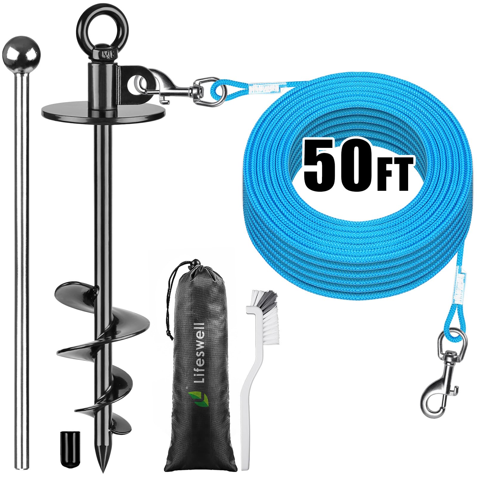 Lifeswell Dog Tie Out Cable And Stake, 50Ft Dog Lead, 15'' Heavy Duty Dog Anchor For Dogs Up To 125Lbs, No Tangle, Dog Runner Fo