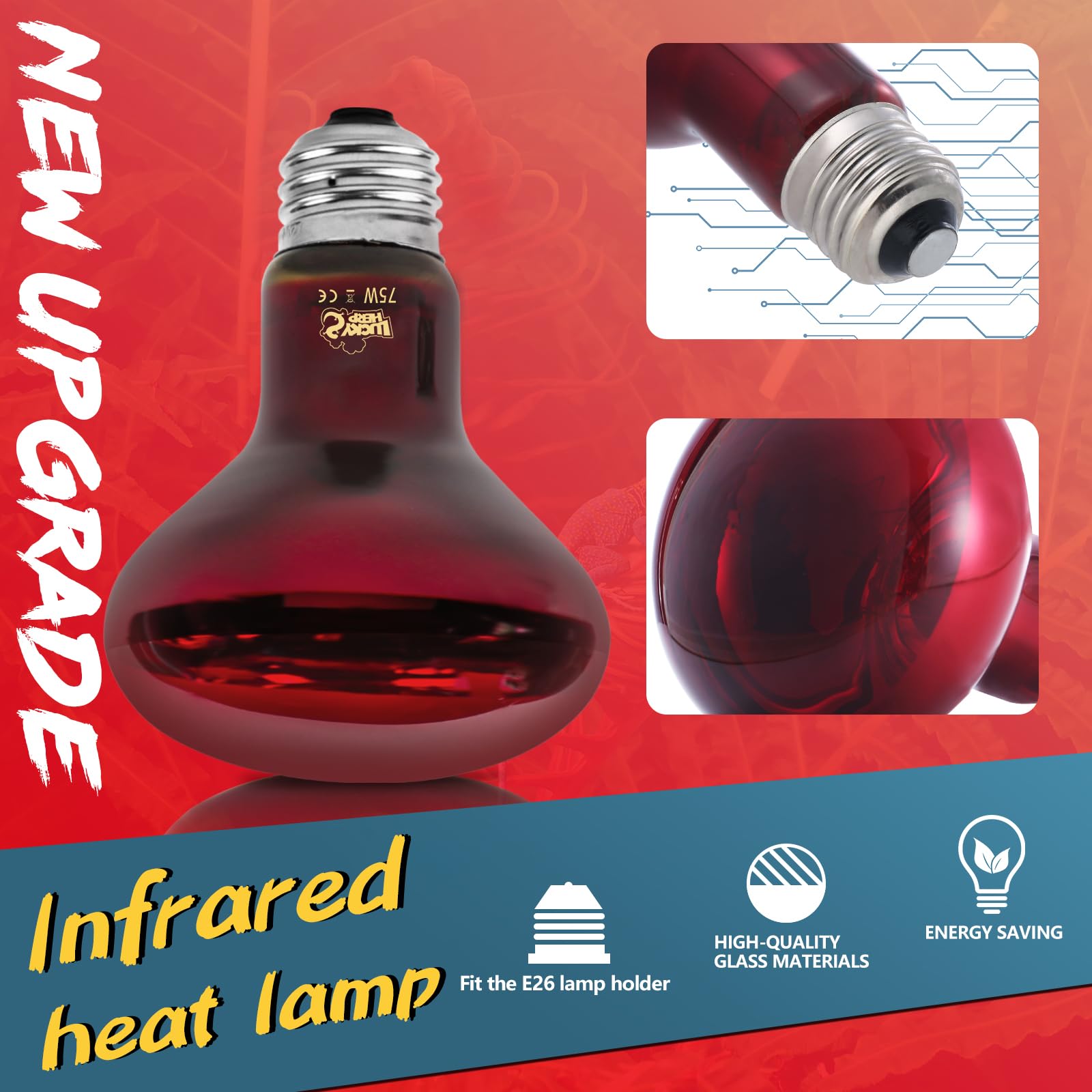 LUCKY HERP Infrared Heat Lamp 75W 2 Pack,Reptile & Amphibian Basking Spot Light Bulbs, Red Heat Lamp Bulbs for Reptiles, Bearded