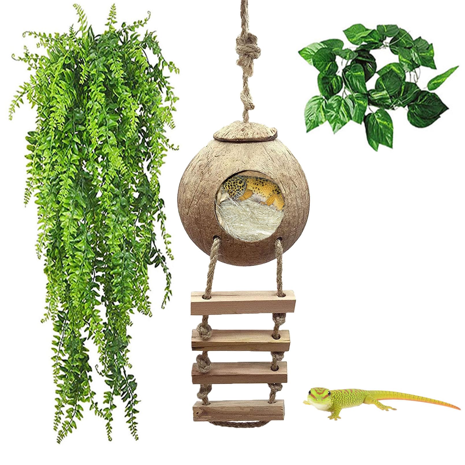 kathson Leopard Gecko Coconut Husk Hut Reptile Habitat Accessories Hideout Hole Climbing Ladder Bendable Hanging Plants Sleeping