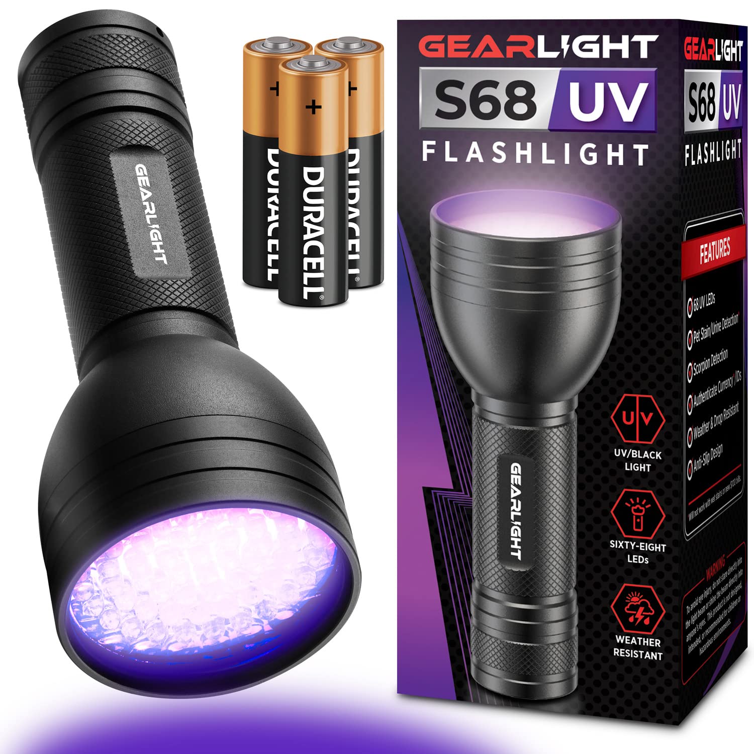 Gearlight Uv Flashlight With Batteries S68 Black Light - Portable, Handheld, 68 Led Blacklight Flashlights - Ultraviolet Lights 