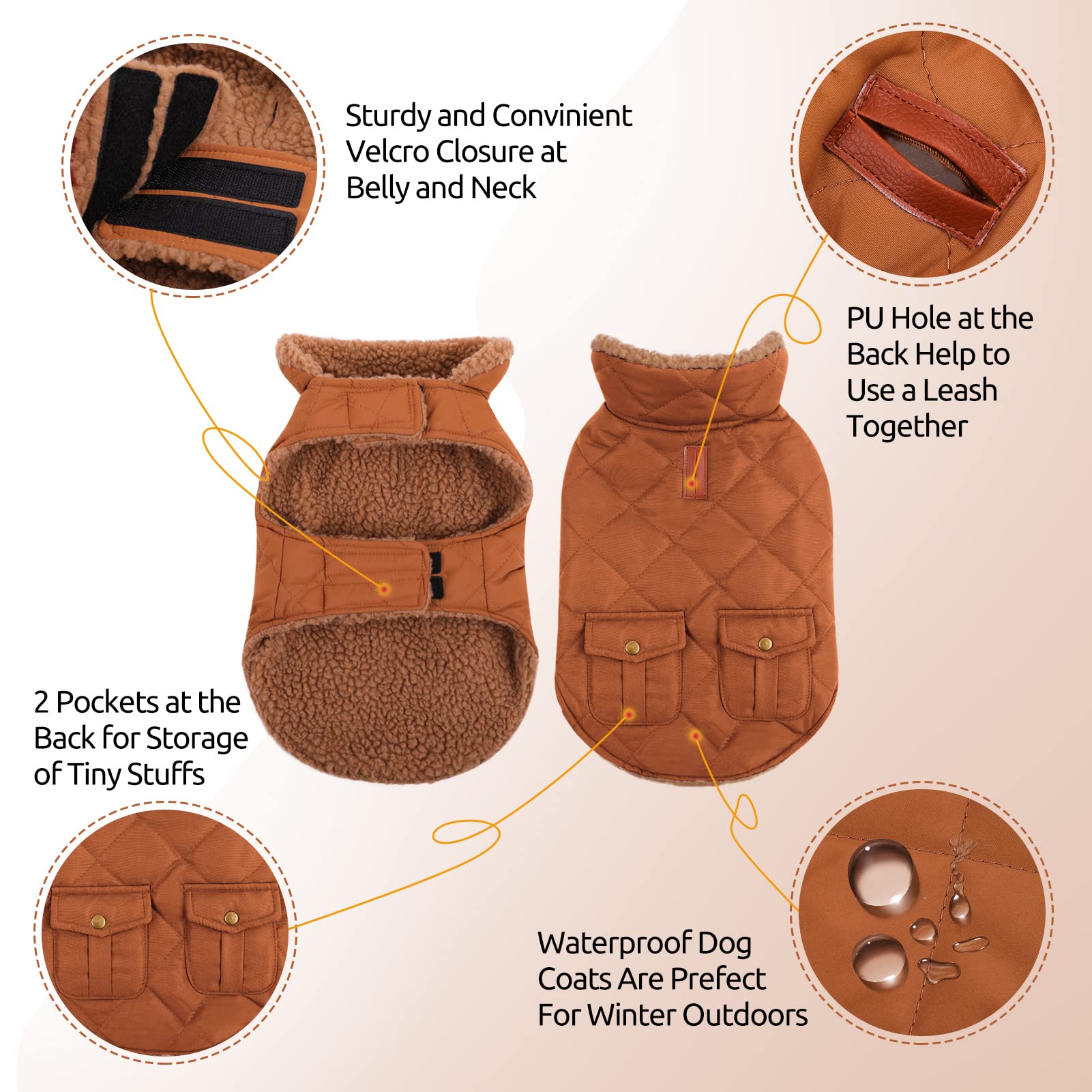 Queenmore Cold Weather Dog Coat, Winter Quilting Dog Jacket Ultra Warm Thick Plush Lining With Storage Pockets (Brown, X-Small)