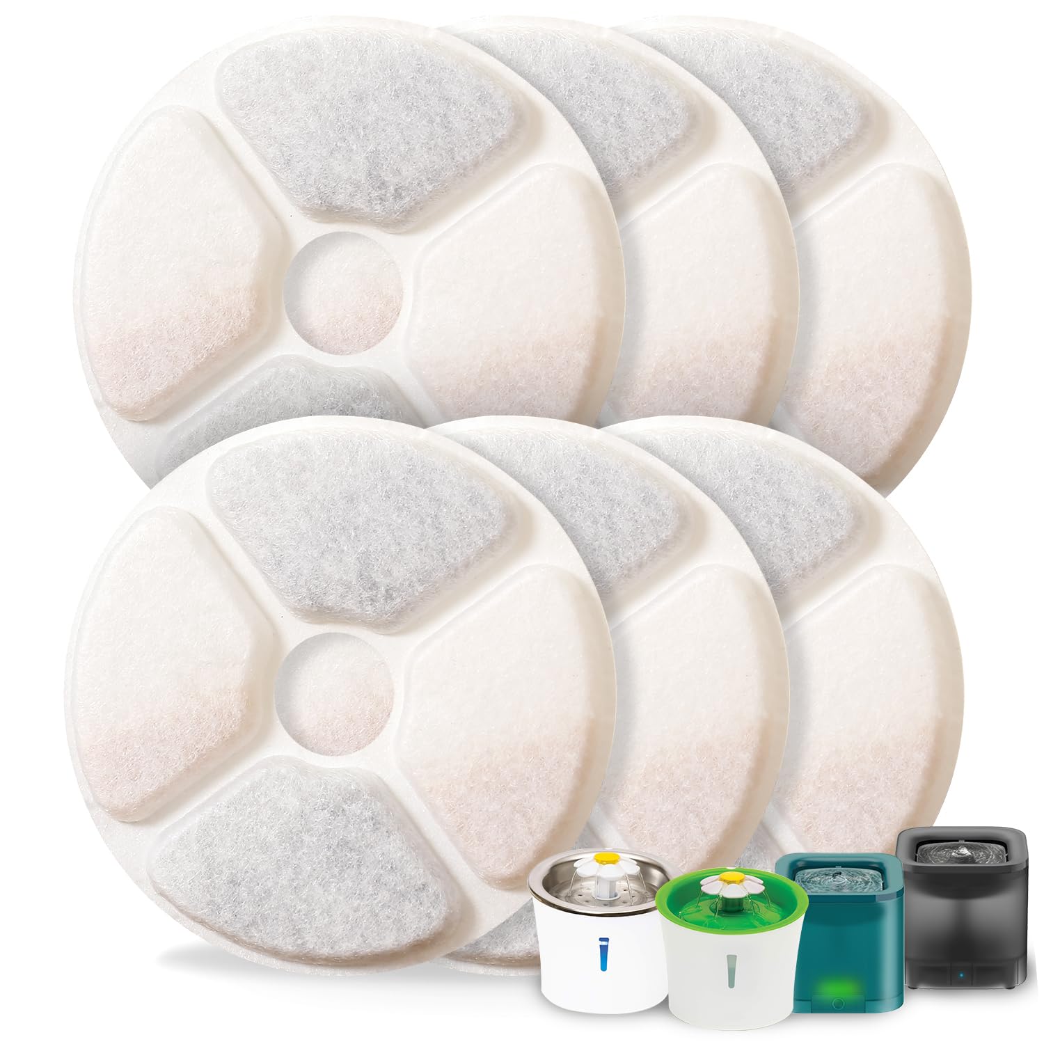 Pewingo Cat Water Fountain Replacement Filters, 6 Packs Pet Fountain Filters Triple Action With Resin And Activated Carbon Compatible For Cat Water Fountain 3L