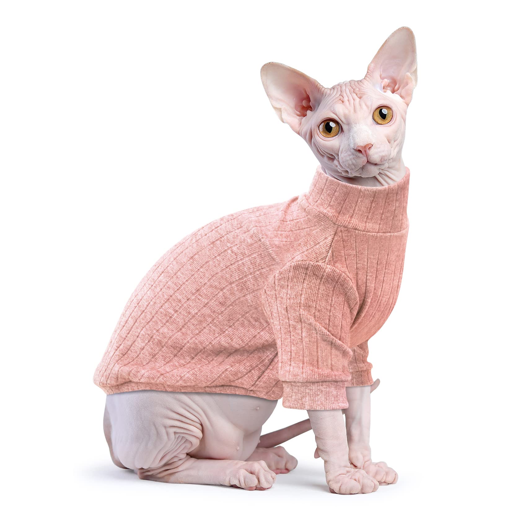 Idepet Sphynx Hairless Cats Sweater Shirt Kitten Soft Puppy Clothes Pullover Cute Cat Pajamas Jumpsuit Skin-Friendly Cotton Apparel Pet Winter Turtleneck For Cats And Small Dogs(X-Large, Pink)