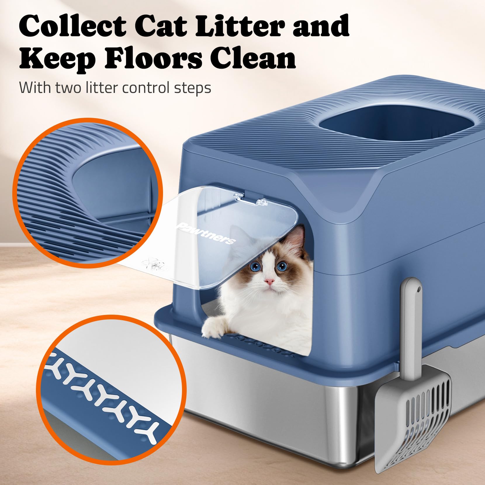 Pawtners Cat Litter Box, Xl Extra Large Stainless Steel Kitty Litter Pan, Front Entry Top Exit Enclosed Metal Cat Toilet For Odo