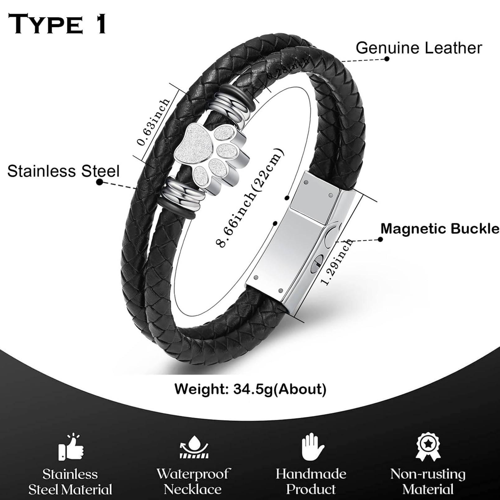 Zeqingjw Pet Cremation Jewelry Paw Print Urn Bracelet For Ashes For Women Men Leather Memorial Dog Cat Ashes Keepsake Bangle Jew