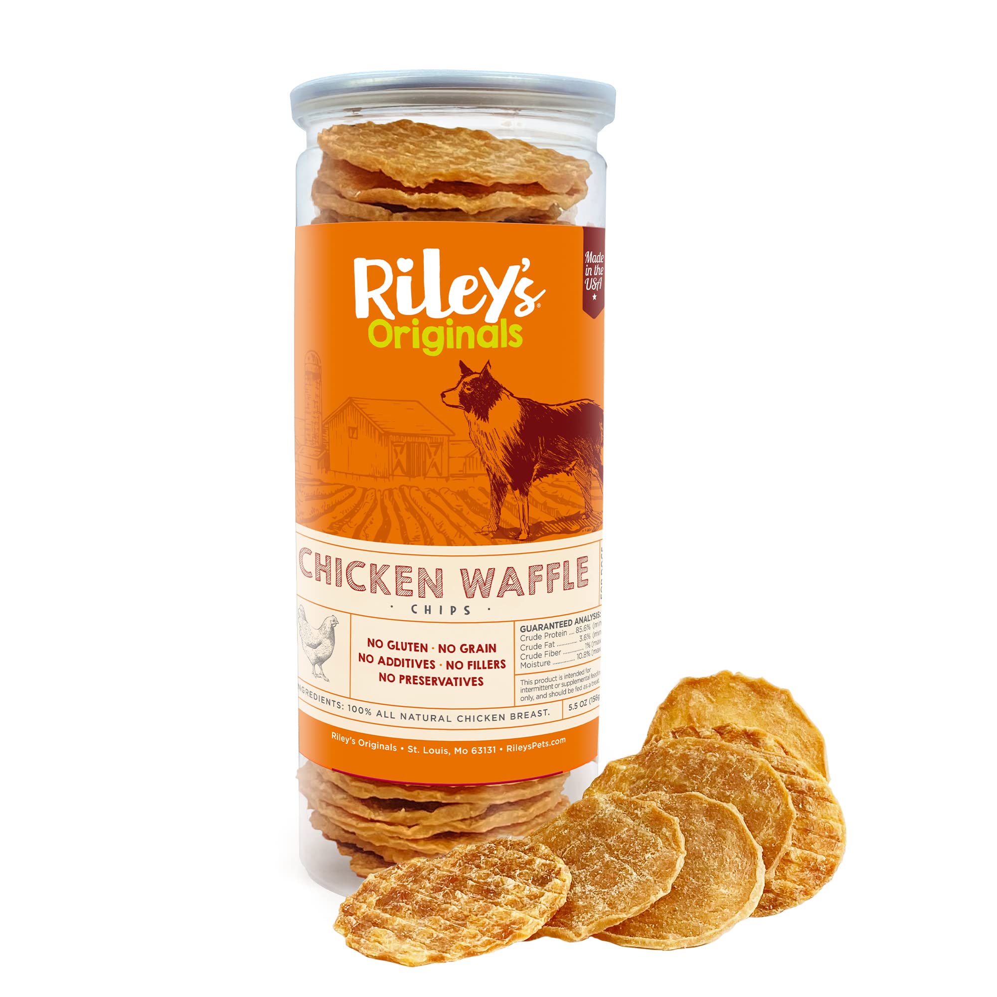 Rileys Waffles Chicken Chips for Dogs - USA Sourced Chicken Dog Treats Single Ingredient Healthy Dog Treats - Dehydrated Chicke