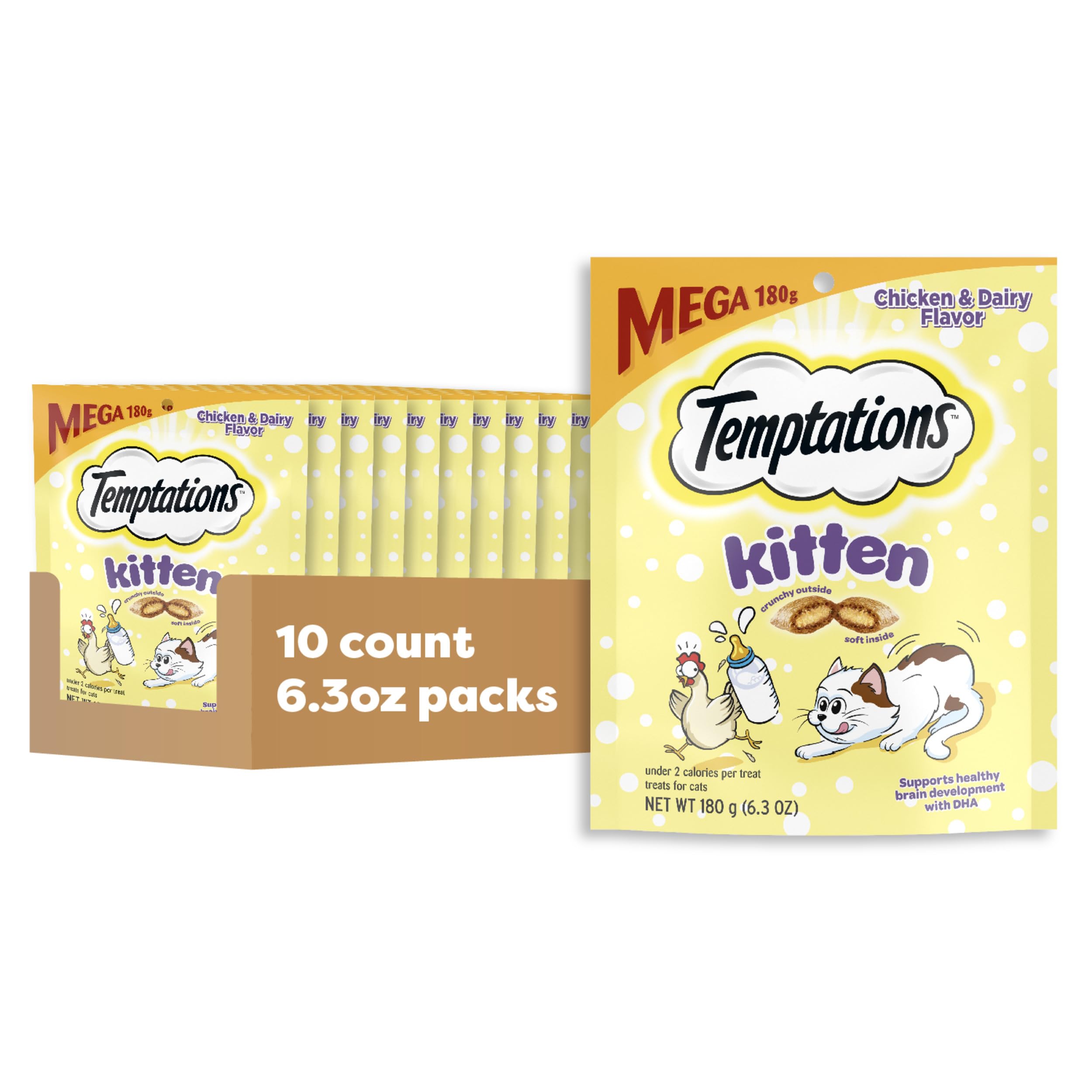 Temptations Kitten Crunchy and Soft Treats Chicken and Dairy Flavor, 6.3 oz. Pouch, (Pack of 10)