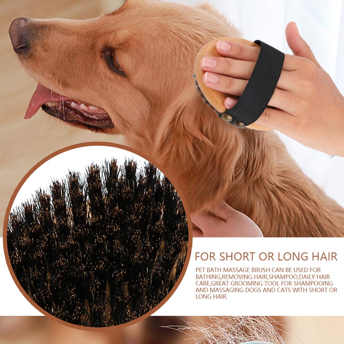 Clumsy Pets Bamboo Grooming Palm-Held Pets Brush With Boar Bristles & Elastic Band For Dog Cat Shower Bath And Massage
